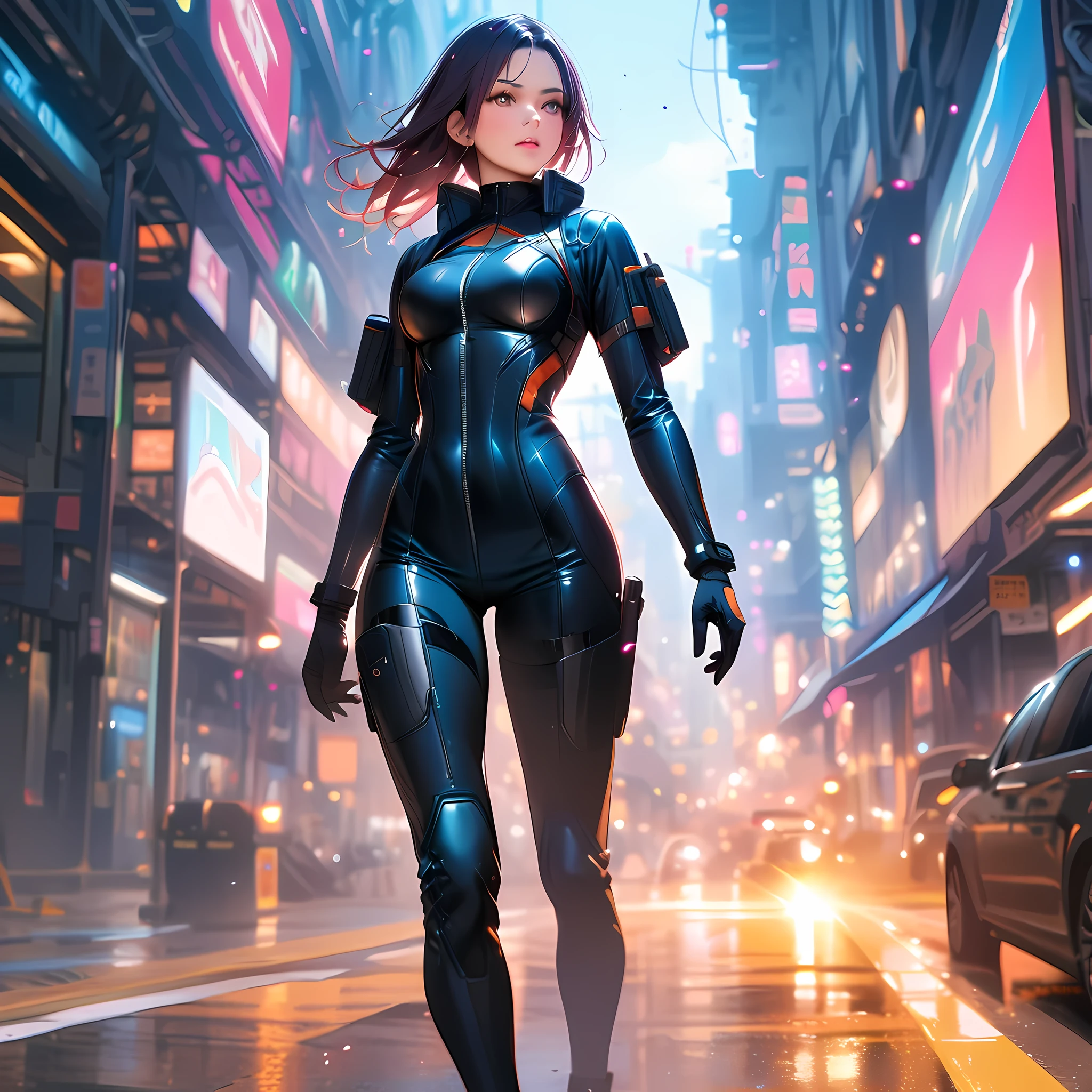 Full body futuristic female soldier in hot and tight space uniform, hyperrealistic