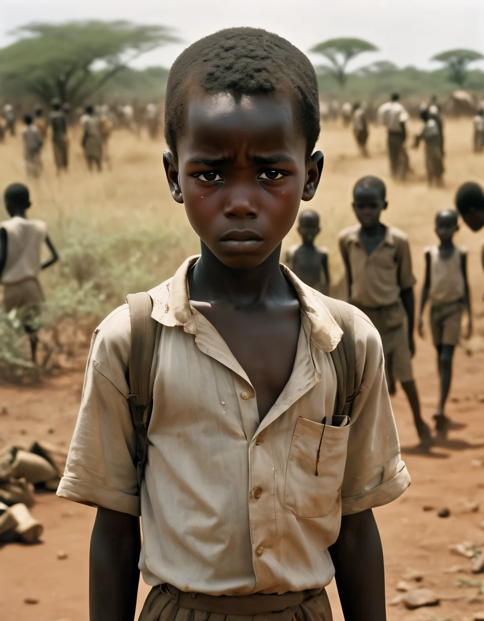 Production: (Best quality, 4k, high-rise, masterpiece: 1.2), (African boy refugee boy with tears streaming down his face: 1.3), crying：0.85，severe malnutrition, protruding ribs, sunken face, eyes full of fear and countless tears, not hanging a single thread, barren land covered with weeds and scattered bones, depicting the most desperate scene on the African continent, Subverted people's cognition in the most straightforward way. In 1993, Sudan was plunged into a terrible crisis by South African photographer Kevin Carter.