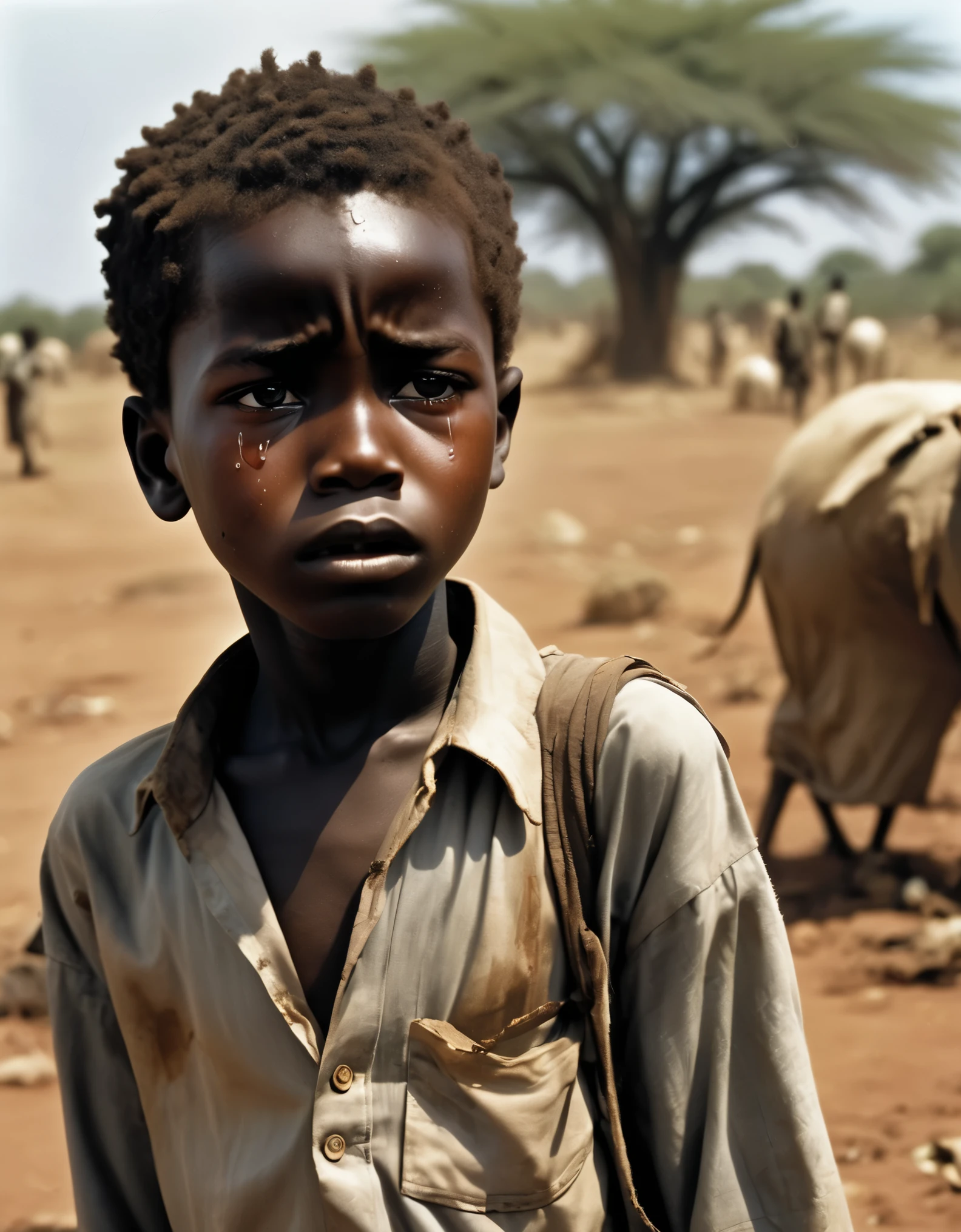 Production: (Best quality, 4k, high-rise, masterpiece: 1.2), (African boy refugee boy with tears streaming down his face: 1.3), crying,, severe malnutrition, protruding ribs, sunken face, eyes full of fear and countless tears, not hanging a single thread, barren land covered with weeds and scattered bones, depicting the most desperate scene on the African continent, Subverted people's cognition in the most straightforward way. In 1993, Sudan was plunged into a terrible crisis by South African photographer Kevin Carter.