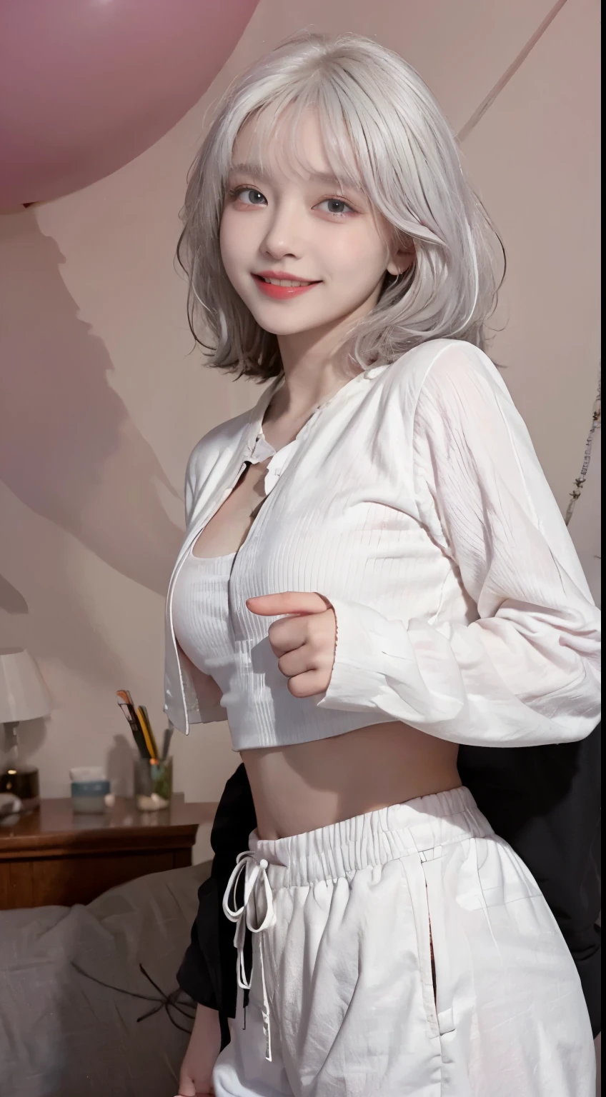 best image quality、Raw photo、超A high resolution、21 year old Korean、small breasts、dynamic angle、cowboy shot、the most beautiful form chaos、elegant、brutalist design、vivid colors、beautiful white hair、short bob、smile、fun、smile、glossy white skin、beautiful eyes with random colors、very thin lips、Beautiful eyes in every detail、elongated eyes、light pink cheek、long eyelashes、beautiful double eyelids、eye shadow、bright white hair、crop top、black down jacket、harem pants、Hand gestures、bright room、Chocolate motif、shot from the side、Full body shot
