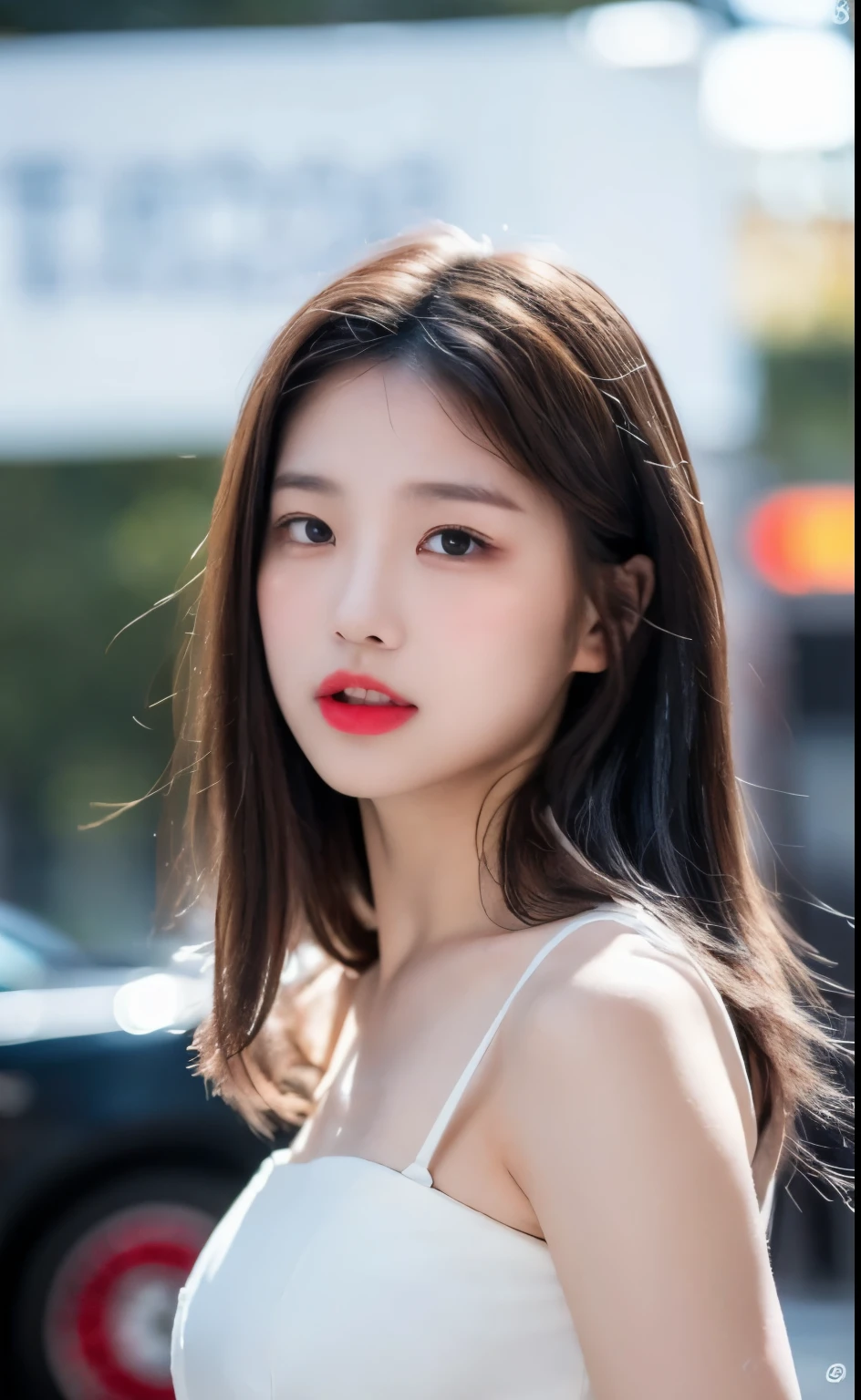 ((best quality, 8K, masterpiece:1.3)), focus:1.2, perfect body beautiful:1.4, buttocks:1.2, ((layered hairstyle)), (wet clothes:1.1), (rain, street:1.3), (breast: 1.2), white dress, (tube top dress: 1.2), Highly detailed facial and skin textures, narrow eyes, double eyelids, skin whitens, long hair, (shut up: 1.5), (blurred background: 1.5)