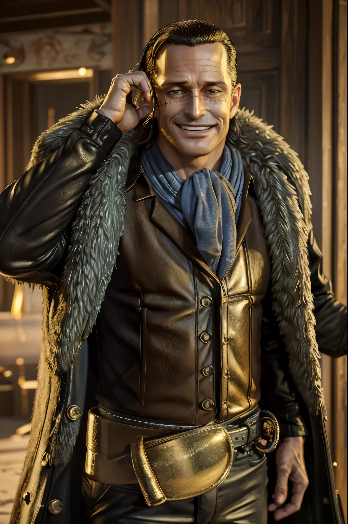 masterpiece, best quality, extremely detailed, hyperrealistic, photorealistic, a cool 40s man, ultra detailed face:1.1, fur-trimmed coat, scarf around the neck, his left hand is a golden pirate hook:1.1, sly smile, sea
