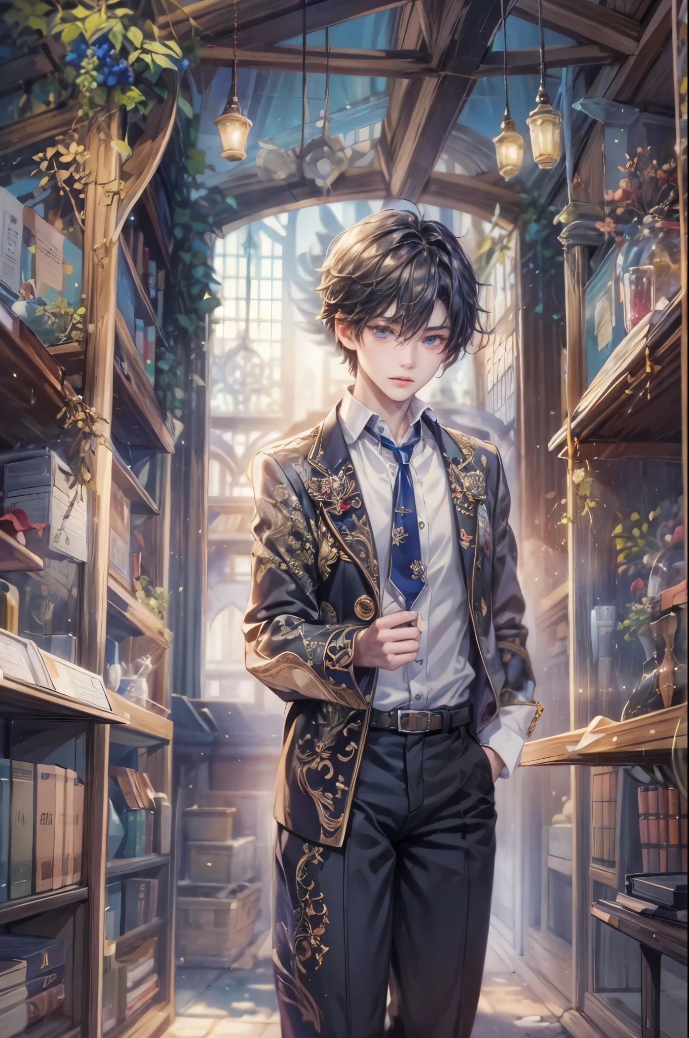 ((Best quality)), ((masterpiece)), (detailed), ((perfect face)), ((halfbody)) Paint a captivating scene featuring a boy male character from honkai star rail with a focus on his emotional connection and the harmonious blend of their unique talents. background is a detailed small town and a gnostic cobblestone path through a bookshelf maze