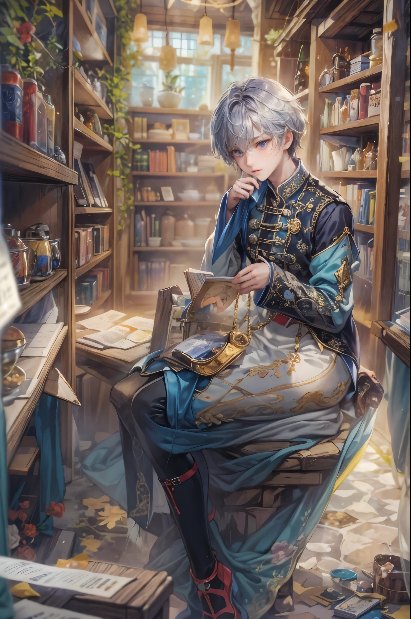 ((Best quality)), ((masterpiece)), (detailed), ((perfect face)), ((halfbody)) Paint a captivating scene featuring a boy male character from honkai star rail with a focus on his emotional connection and the harmonious blend of their unique talents. background is a detailed small town and a gnostic cobblestone path through a bookshelf maze