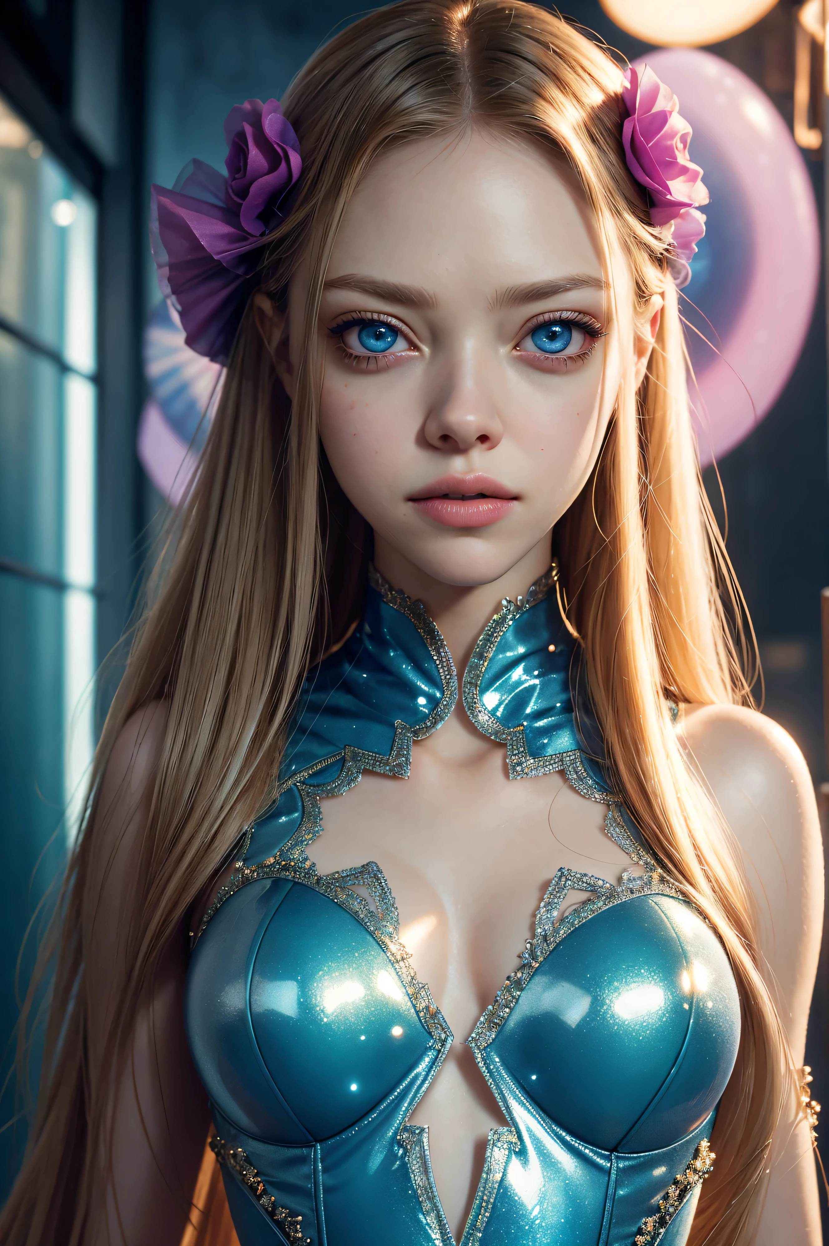 Amanda Seyfried, wearing lollypop costume transparent. professionally retouched, soft lighting, realistic, smooth face, perfect eyes, sharp focus on eyes, 8 k, high definition, insanely detailed, intricate, elegant. against the background of a candy store.