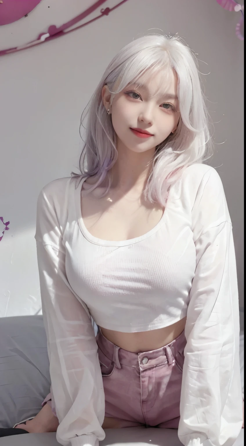 best image quality、Raw photo、超A high resolution、21 year old Korean、small breasts、dynamic angle、cowboy shot、the most beautiful form chaos、elegant、brutalist design、vivid colors、beautiful white hair、short bob、smile、fun、smile、glossy white skin、beautiful eyes with random colors、very thin lips、Beautiful eyes in every detail、elongated eyes、light pink cheek、long eyelashes、beautiful double eyelids、eye shadow、bright white hair、crop top、black down jacket、harem pants、Hand gestures、bright room、Chocolate motif、shot from the side、Full body shot