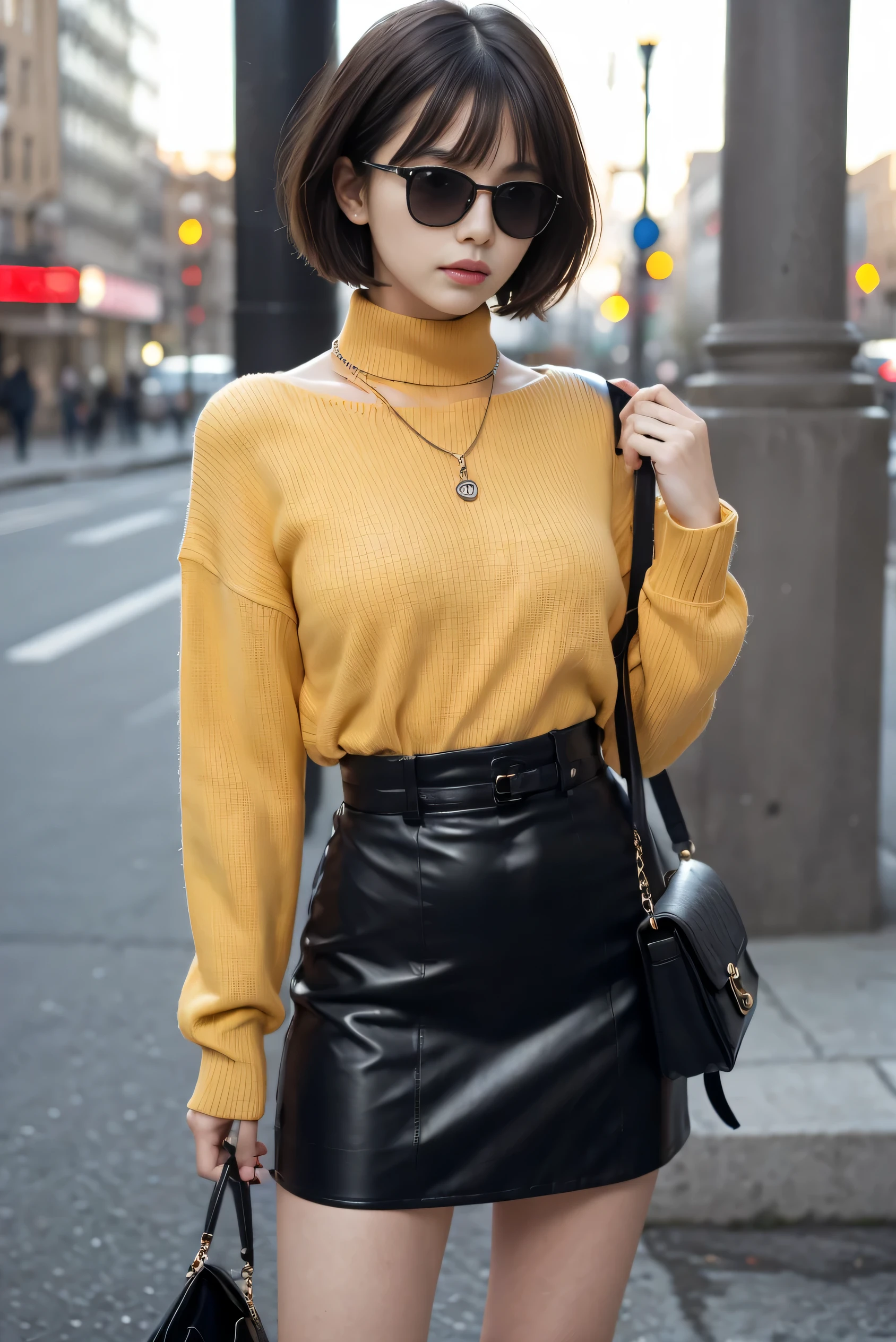  (thin:1.2), because I&#39;thin, small breasts, woman, ((black pixie cut:1.2)), (dull bangs), 「Based on a black and yellow leather jacket、Choose one with red embroidery on the lining or cuffs.。With that、Pair it with a tight black skirt、Choose platform boots that suit your feet.。The tops are、Choose a simple black turtleneck sweater。As an accessory、Wear thick chain necklaces or leather bracelets、put sunglasses on your face。lastly、Carrying a monochrome backpack or shoulder bag、Tightens the overall coordination。」,(dim lighting),Building walls,morning silence,model pose,