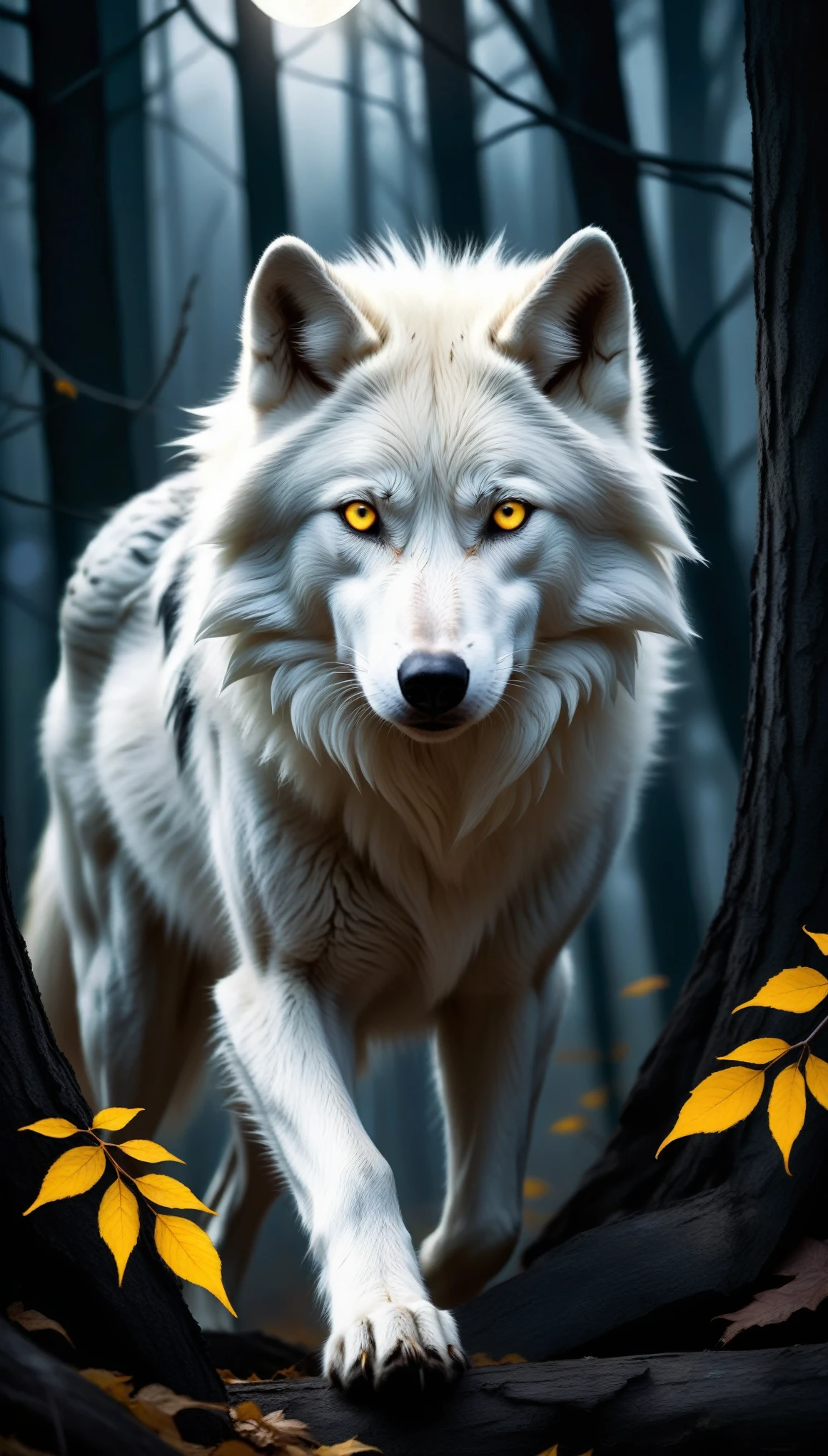 white wolf with yellow eyes in the forest,realistic,highres,ultra-detailed,wildlife,night scene,moonlit,ominous shadows,dense foliage,quiet ambiance,majestic creature,poised,alert,sharp-pointed ears,fierce gaze,powerful presence,untamed beauty,ominous,striking contrast,fearsome predator,graceful and stealthy movements,dark and mysterious habitat,howl in the distance,black fur glimmering under moonlight,pristine and untouched environment,mystical atmosphere,vivid colors,whisper of the wind,rustling leaves,slender and muscular frame