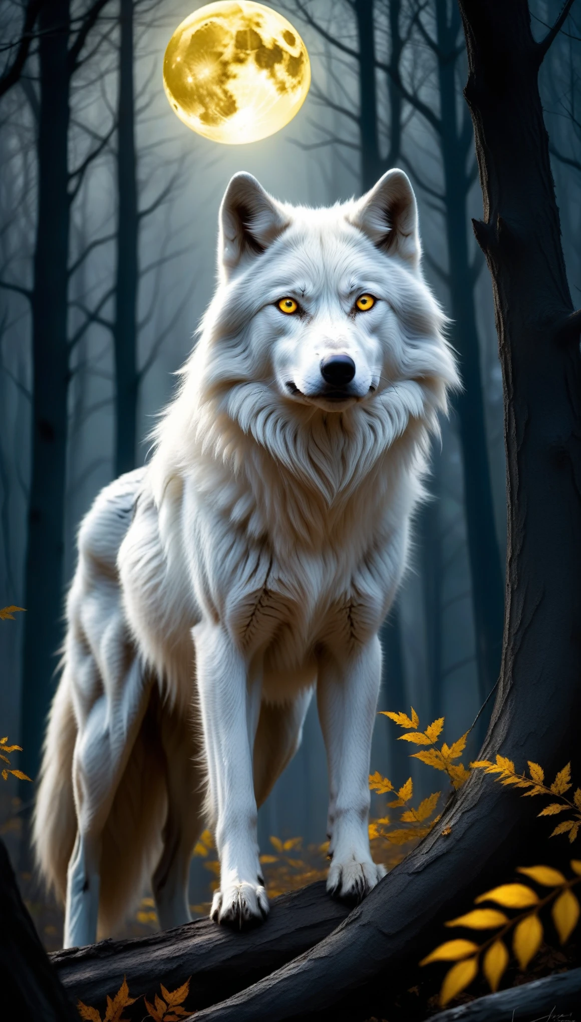 white wolf with yellow eyes in the forest,realistic,highres,ultra-detailed,wildlife,night scene,moonlit,ominous shadows,dense foliage,quiet ambiance,majestic creature,poised,alert,sharp-pointed ears,fierce gaze,powerful presence,untamed beauty,ominous,striking contrast,fearsome predator,graceful and stealthy movements,dark and mysterious habitat,howl in the distance,black fur glimmering under moonlight,pristine and untouched environment,mystical atmosphere,vivid colors,whisper of the wind,rustling leaves,slender and muscular frame