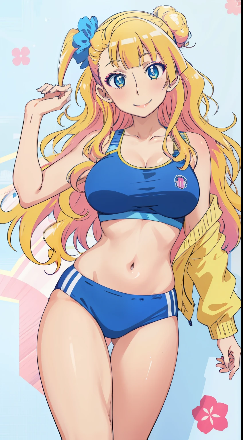 1 girl,anime, galko,Galko,big breasts,smile,sports bra,spats,skin luster,looking at the viewer, in the center of the image,cowboy shot,１with people,
highest quality, High resolution, beautiful eyes, highly detailed face, Detailed CG,