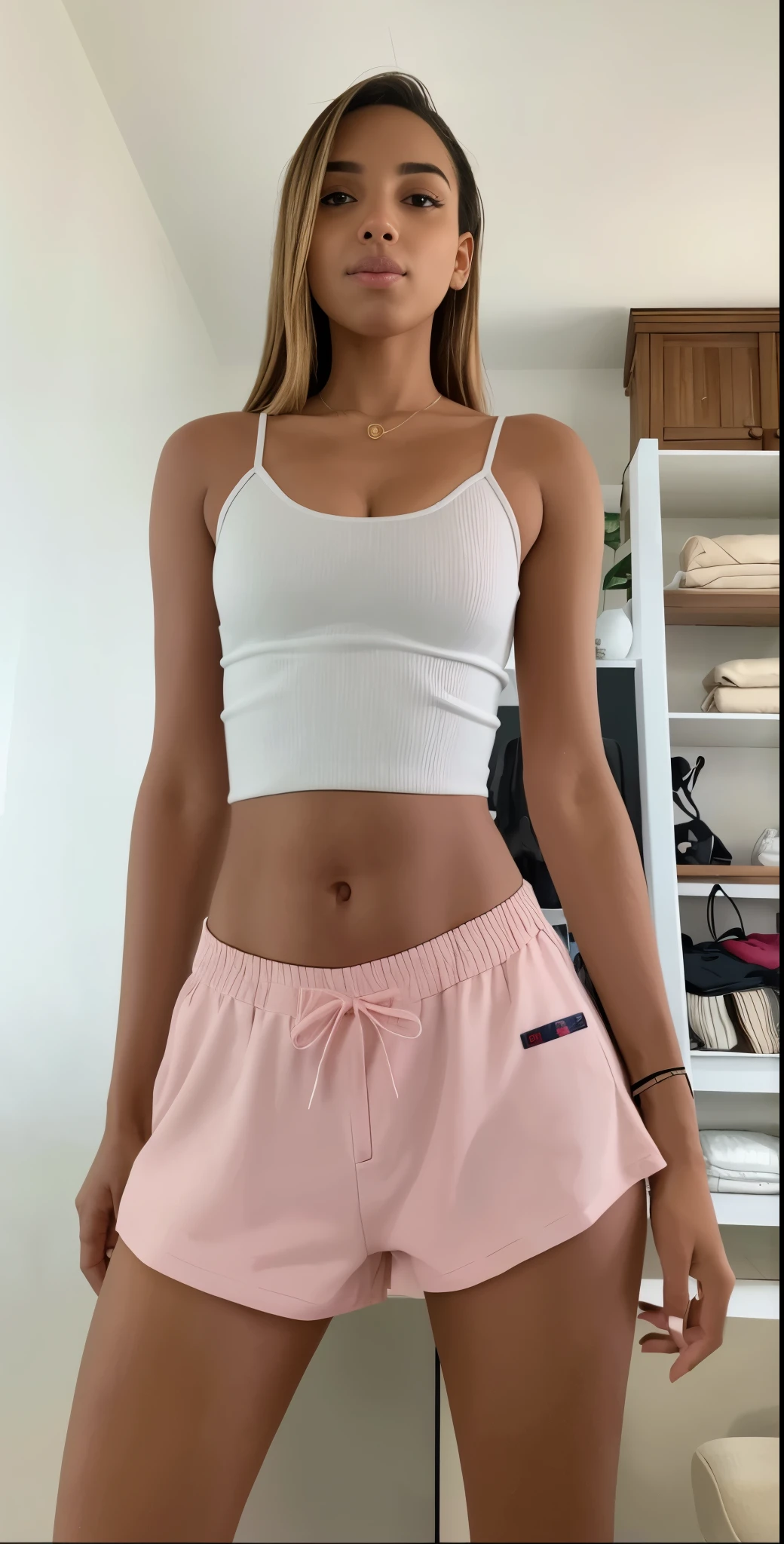 mulher argada em um top branco e shorts rosa posando para uma foto, tiro do meio da cintura para cima, usando um top cropped sexy, her belly button is exposed, corpo sensual com barriga sexy, vestida com top e shorts, perto de um magro, umbigo aparecendo, vestindo um top fofo, a menor barriga de todos os tempos, peito achatado
