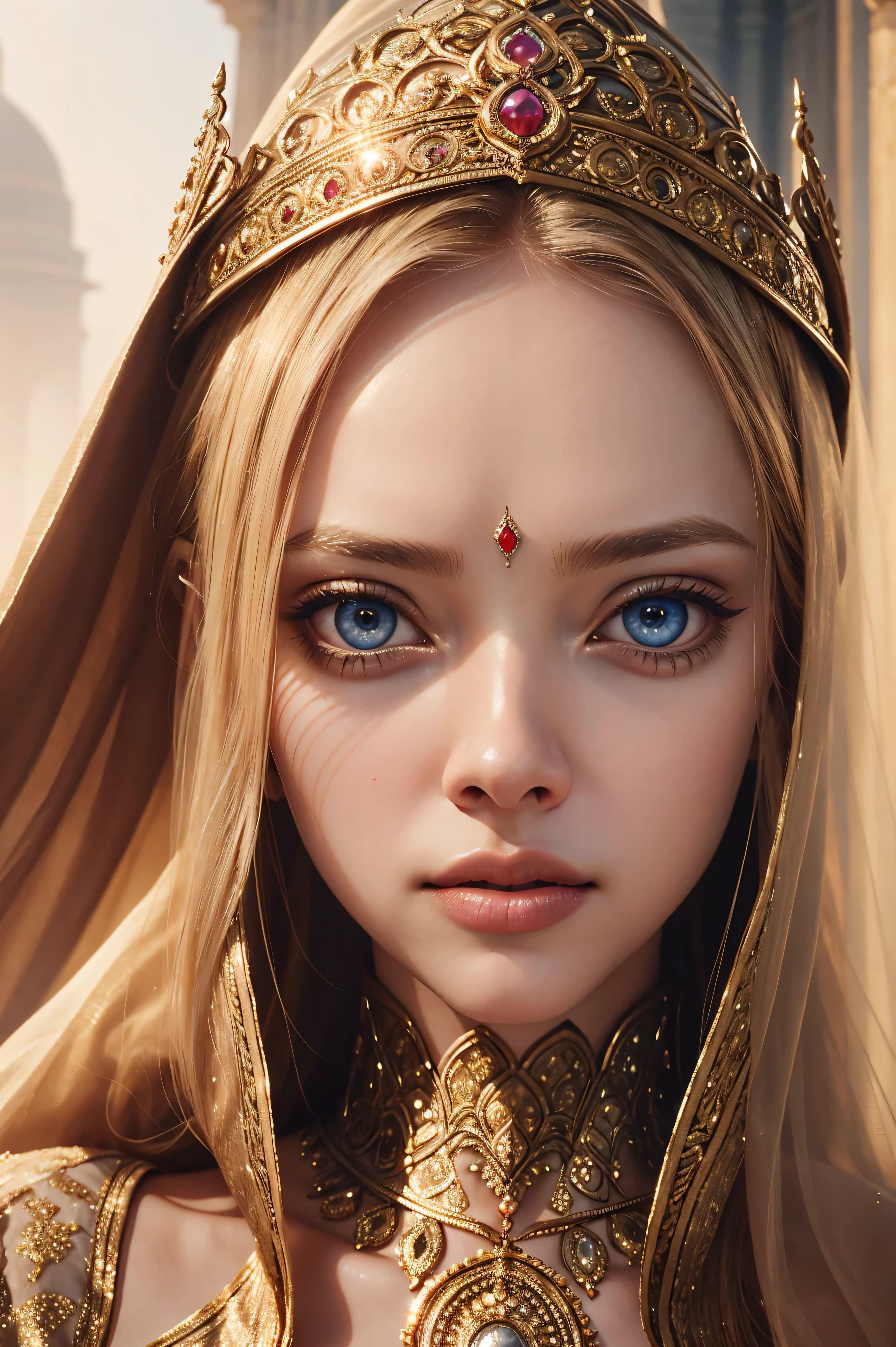 Amanda Seyfried, wearing Bollywood costume transparent. professionally retouched, soft lighting, realistic, smooth face, perfect eyes, sharp focus on eyes, 8 k, high definition, insanely detailed, intricate, elegant. with the Taj Mahal in the background.