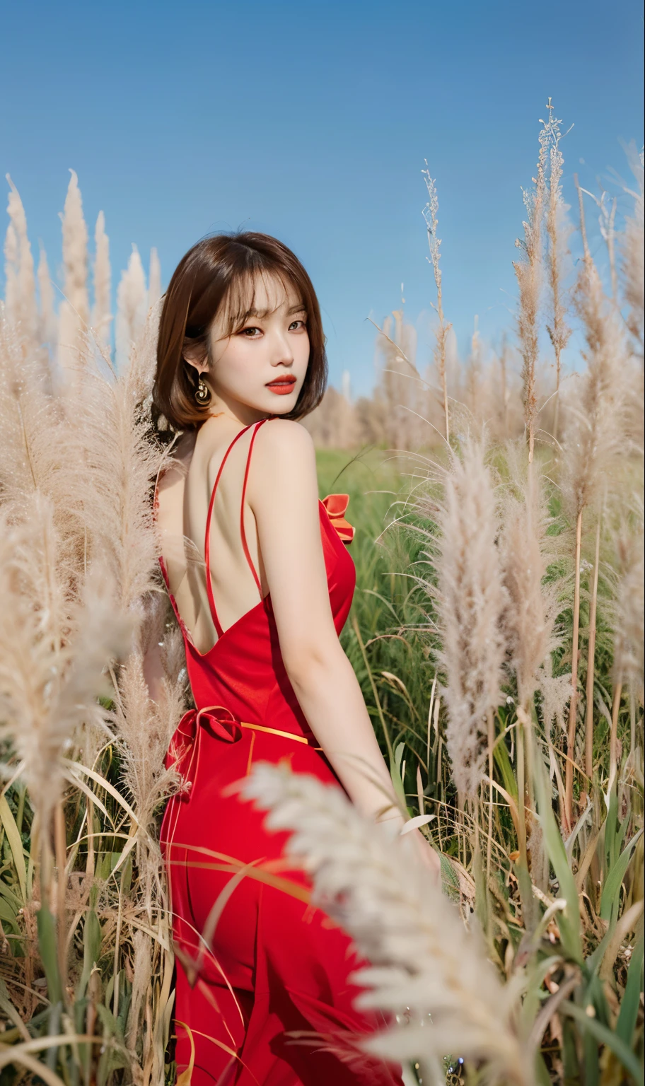 Araki woman wearing red clothes standing in high grass, girl wearing red clothes, girl wearing red clothes, Wearing red cheongsam, in the field, on the grass, wearing red clothes, wearing red clothes, Wearing a red sundress, wearing red clothes, masterpiece, best quality, Very detailed CG, 8K