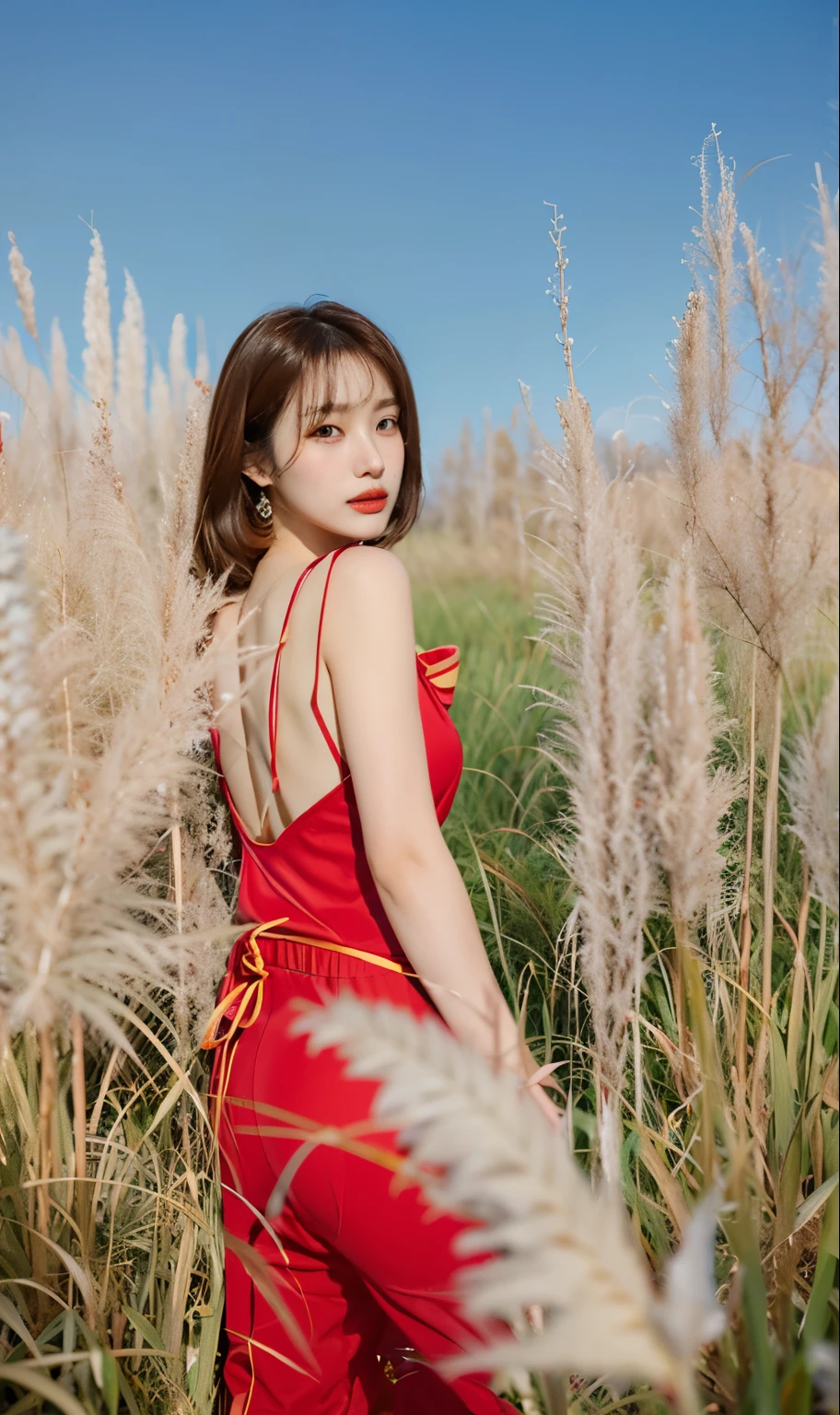 Araki woman wearing red clothes standing in high grass, girl wearing red clothes, girl wearing red clothes, Wearing red cheongsam, in the field, on the grass, wearing red clothes, wearing red clothes, Wearing a red sundress, wearing red clothes, masterpiece, best quality, Very detailed CG, 8K