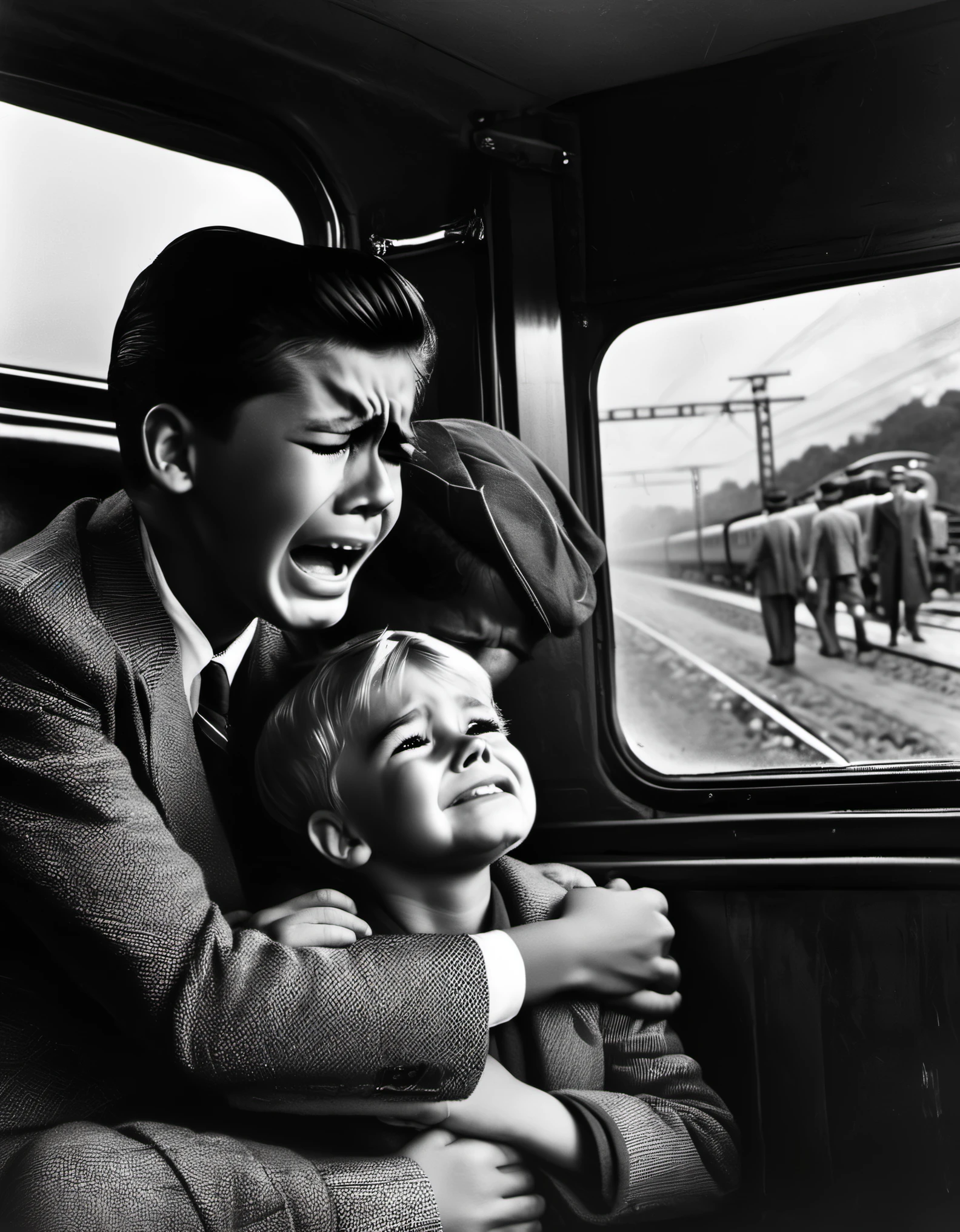 The crying boy looks out the car window at his old father seeing him off，old train，Black and white photo