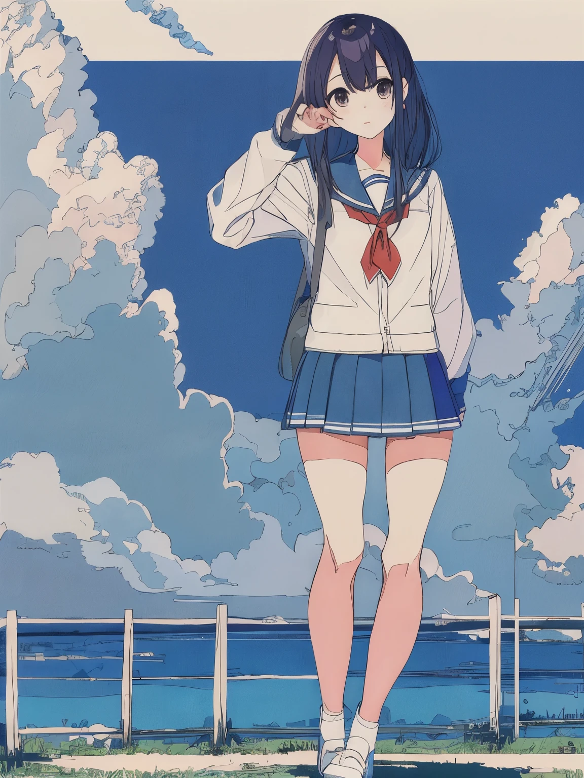 A high school girl in uniform is standing、summer、mini skirt、cumulonimbus、blue sky、nostalgic