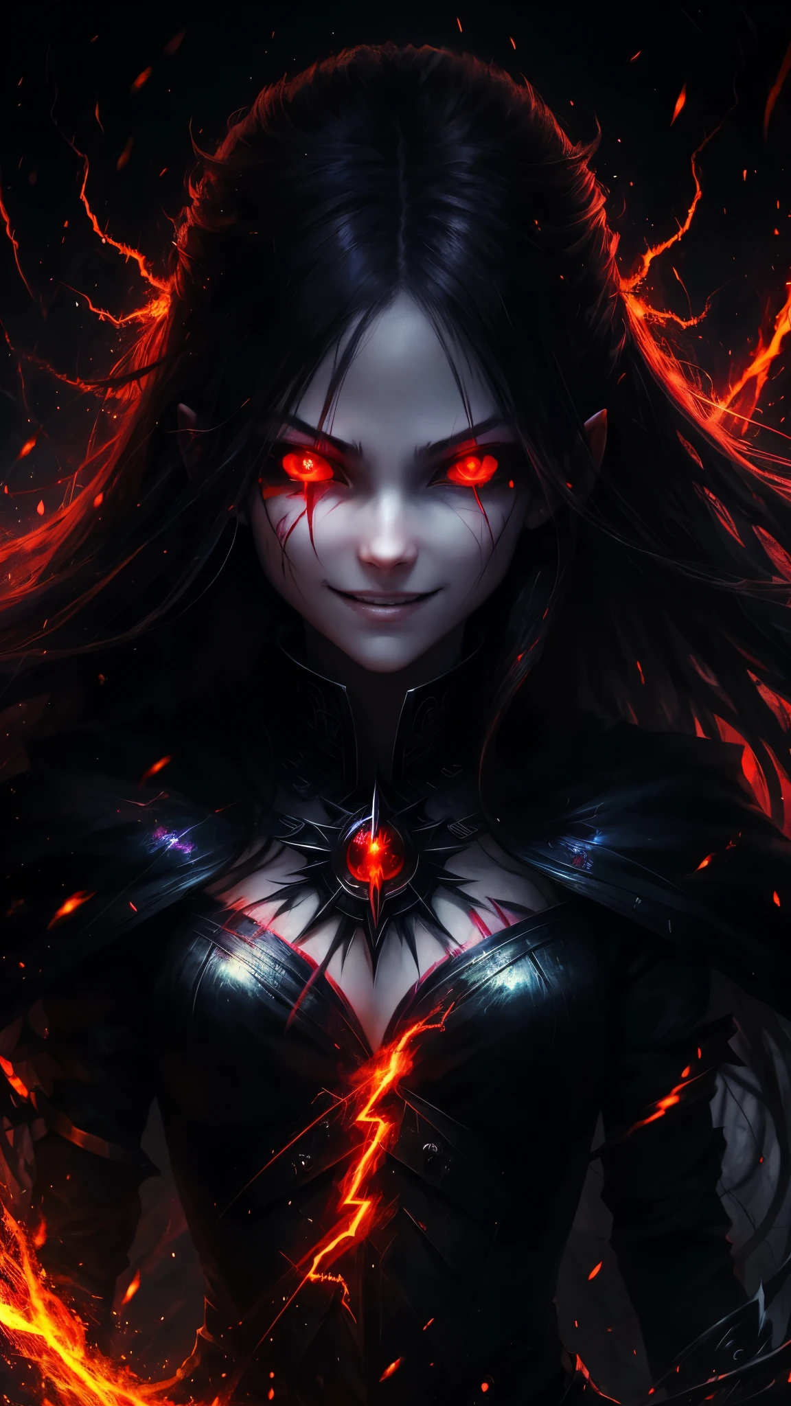 1girl, flying hair, red eyes, fire witch, blood on face, light particles, lightning rays, wallpaper, colorful, high contrast, vampire, smirk, evil smile, psychopathic smirk, psychopathic smile, tilted head