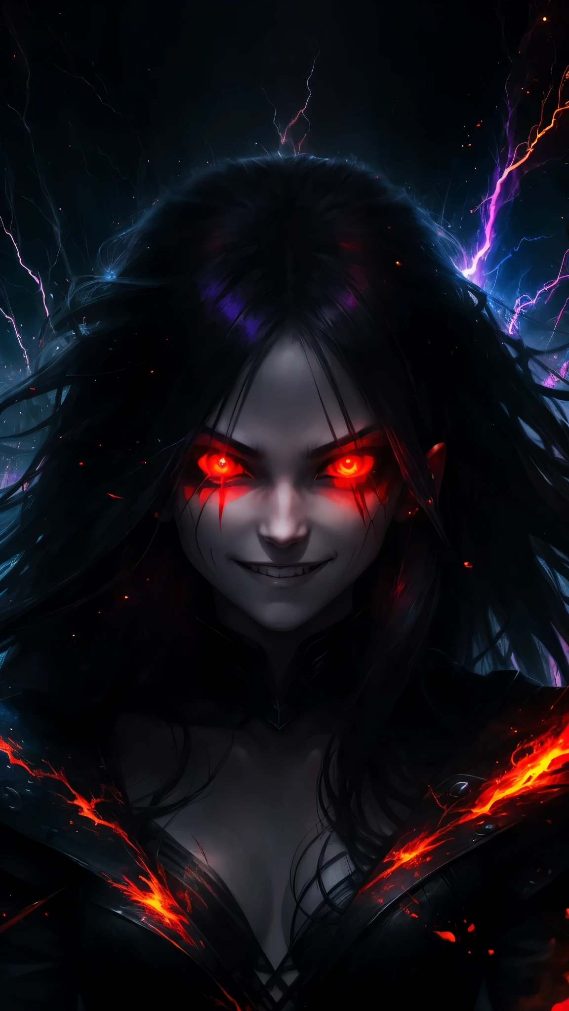 1girl, flying hair, red eyes, fire witch, blood on face, light particles, lightning rays, wallpaper, colorful, high contrast, vampire, smirk, evil smile, psychopathic smirk, psychopathic smile, tilted head