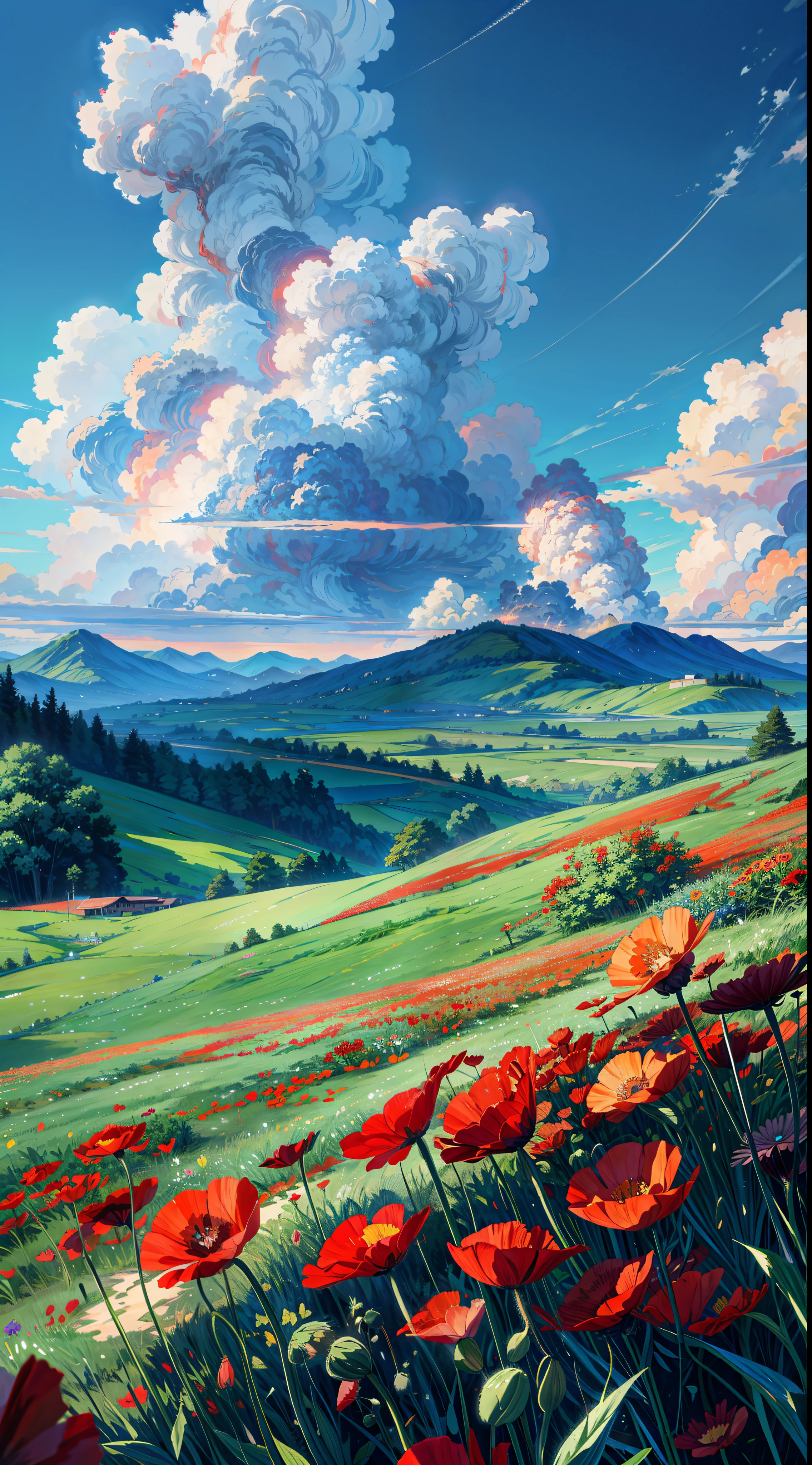 a painting of a field of red poppies, anime countryside landscape, anime landscape, background of flowery hill, anime scenery, anime. by makoto shinkai, anime scenery concept art, anime beautiful peace scene, anime landscape wallpaper, anime nature wallpap, anime nature, by Makoto Shinkai, by makoto shinkai, beautiful anime scenery, anime background art ,4k hd, cloud,beautiful art uhd 4 k, a beautiful artwork illustration, beautiful digital painting, highly detailed digital painting, beautiful digital artwork, detailed painting 4 k, very detailed digital painting, rich picturesque colors, gorgeous digital painting