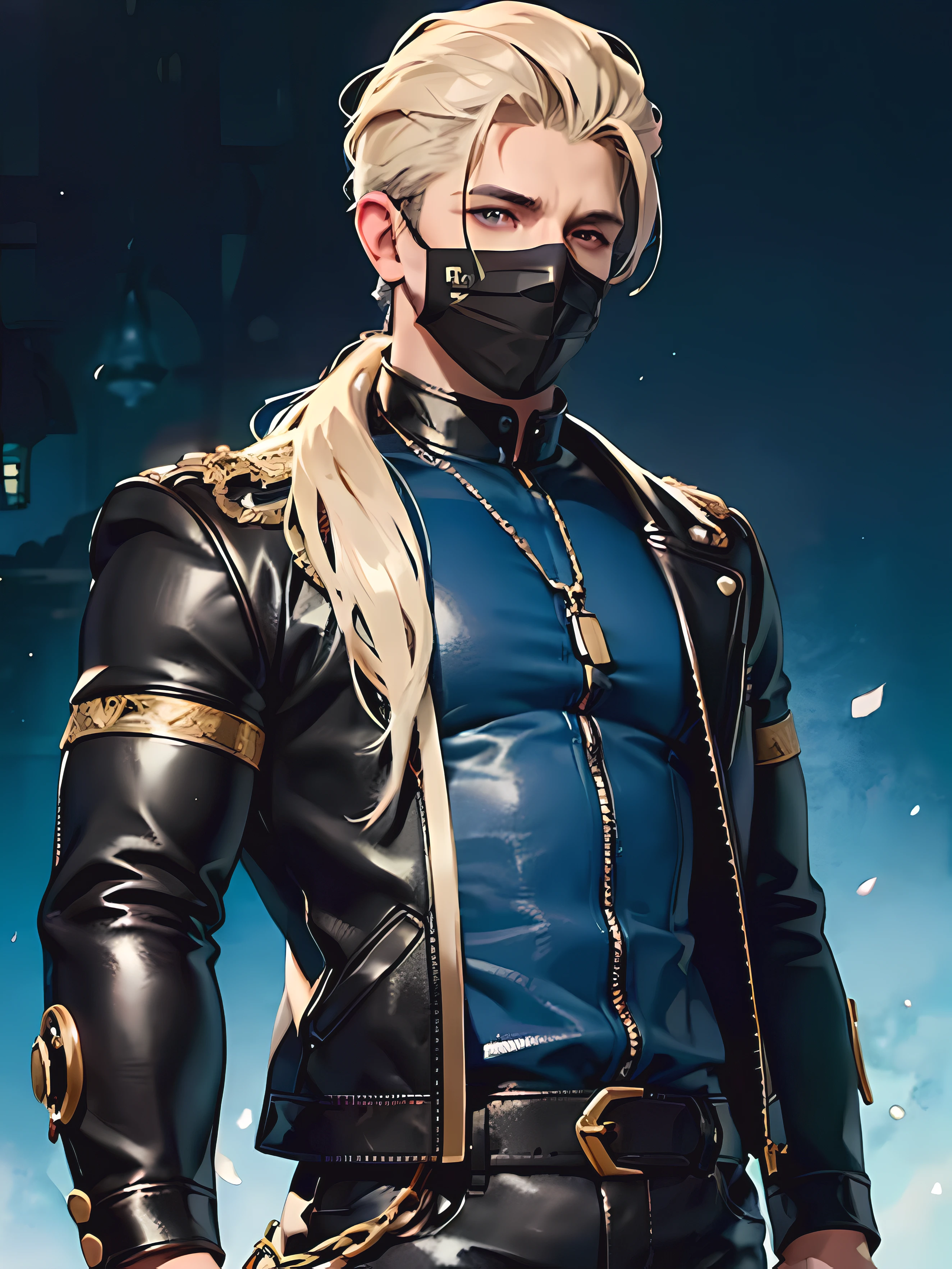 (Best quality,4K,8 thousand.,A high resolution,masterpiece:1.2),ultra detailed,(realistic,photorealistic,photo-realistic:1.37),1 mann, Anime style, tattooed arms,black leather jacket,long light hair,Blue eyes,wide brim,chains,man,48 years old, oil painting,Rugged style,dark background,studio lighting,bright colors,detailed face,sharp focus,physically based rendering,complex parts,feeling pretentious, Black Face Mask