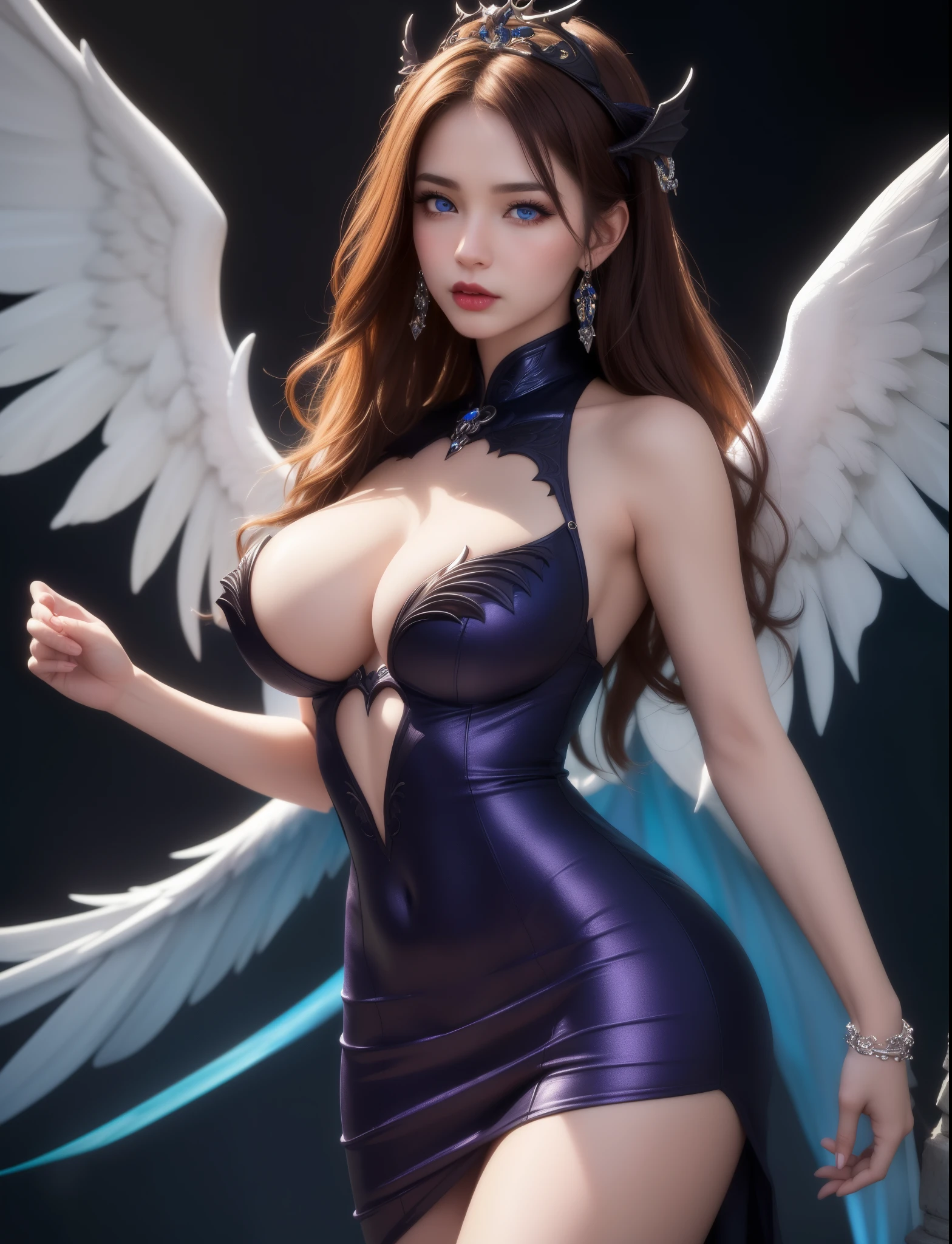 a close up of a woman in a purple dress with wings, full body xianxia, diablo 4 lilith, aion, beautiful elegant demon queen, female lord of change, full - body majestic angel, a beautiful fantasy empress, raven winged female vampire, diablo 4 queen, beautiful succubus, succubus in tight short dress, villainess has black angel wings, (hyperrealistic), (illustration), (high resolution), (8K), (extremely detailed), (best illustration), (beautiful detailed eyes), (best quality), (ultra-detailed), (masterpiece), (wallpaper), (photorealistic), (natural light), (detailed face), (high detailed realistic skin texture), (anatomically correct), (solo:1.51), (1girl:1.52), (high detailed realistic hair), (caramel hair:1.35), (heterochromic eyes), (detailed eyes), (blue eyes:1.37), (sparkling eyes), (realistic big breasts:1.53), (exposed nipple breasts:1.51), (slender abs), (dynamic pose), (closed tiny mouth:1.3), (concentrated expression), (dimple:1.34)