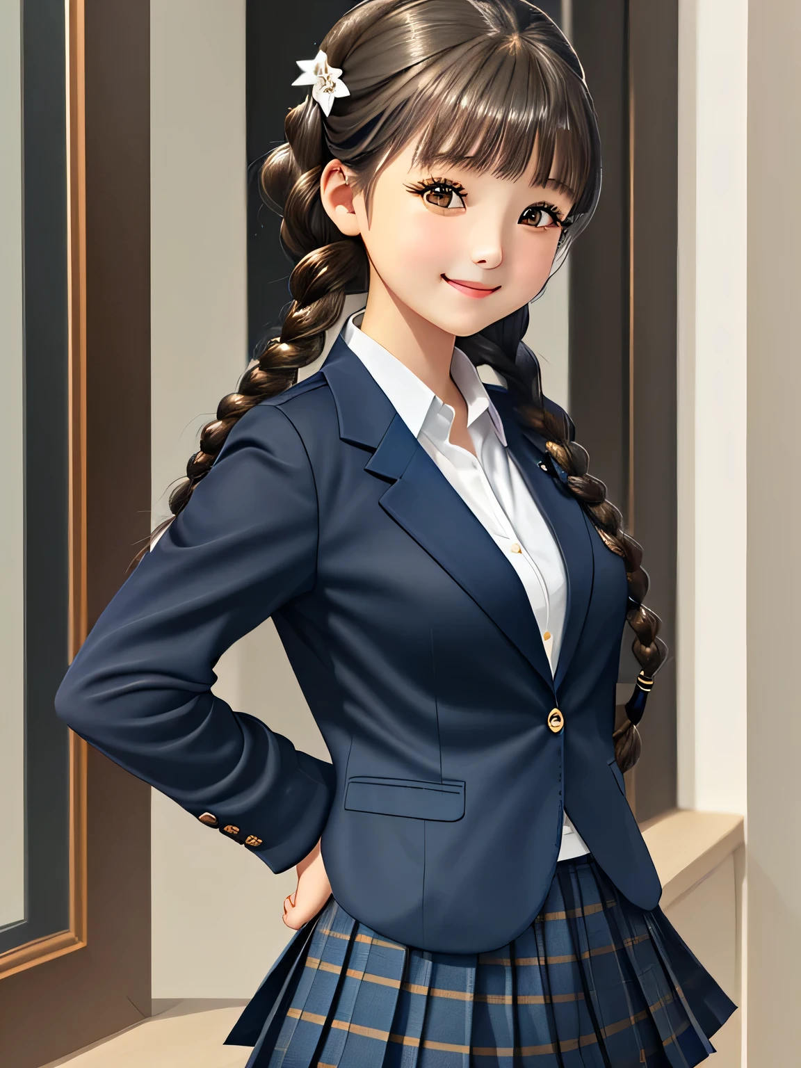 (18 year old japanese girl), height: 165cm, Very beautiful portrait, realistic cute girl drawing, amazing digital paintings, elegant digital paintings, baroque digital painting, detailed beautiful portrait, ((brown eyes)), ((((Dark blue and navy plaid mid-length pleated skirt)))),((((Dark blue school blazer)))), (((twin braid hairstyle))), ((only looking at the viewer)), ((Transparent pure white skin)), ((very white skin)), ((small face)), ((Her curly bangs are so cute)), ((long eyelashes)), (((close your eyes and smile))), ((put your hand on your chest)), ((The corners of the eyes are drooping)), ((thin downward eyebrows))