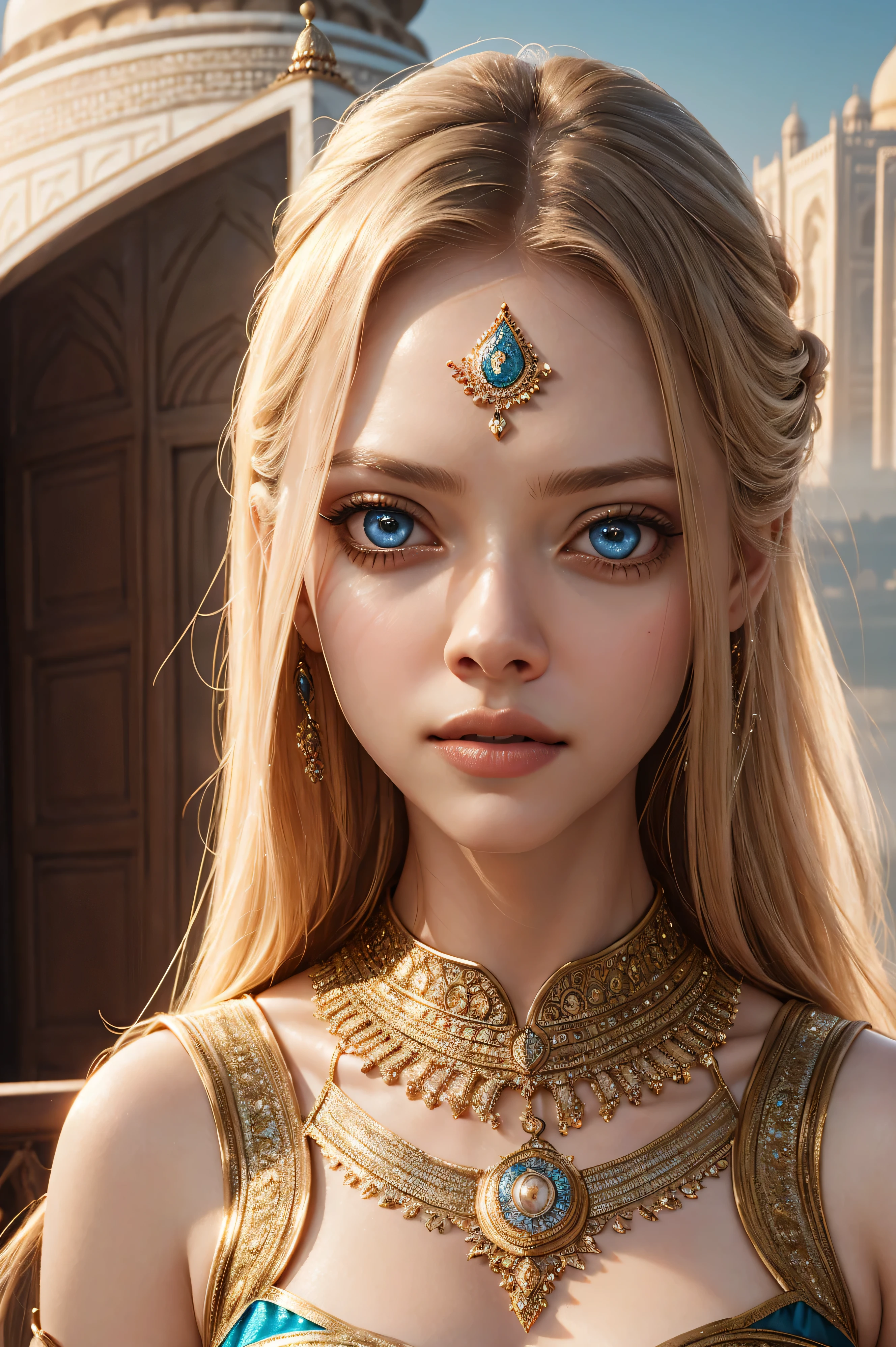Amanda Seyfried, wearing Bollywood costume transparent. professionally retouched, soft lighting, realistic, smooth face, perfect eyes, sharp focus on eyes, 8 k, high definition, insanely detailed, intricate, elegant. with the Taj Mahal in the background.