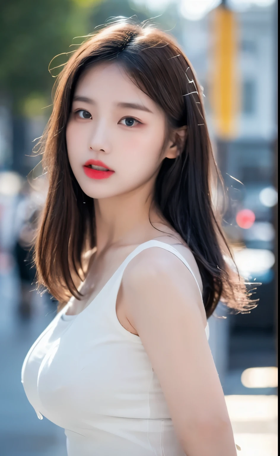 ((best quality, 8K, masterpiece:1.3)), focus:1.2, perfect body beautiful:1.4, buttocks:1.2, ((layered hairstyle)), (wet clothes:1.1), (rain, street:1.3), (breast: 1.2), white dress, (tube top dress: 1.2), Highly detailed facial and skin textures, narrow eyes, double eyelids, skin whitens, long hair, (shut up: 1.5), (blurred background: 1.5)