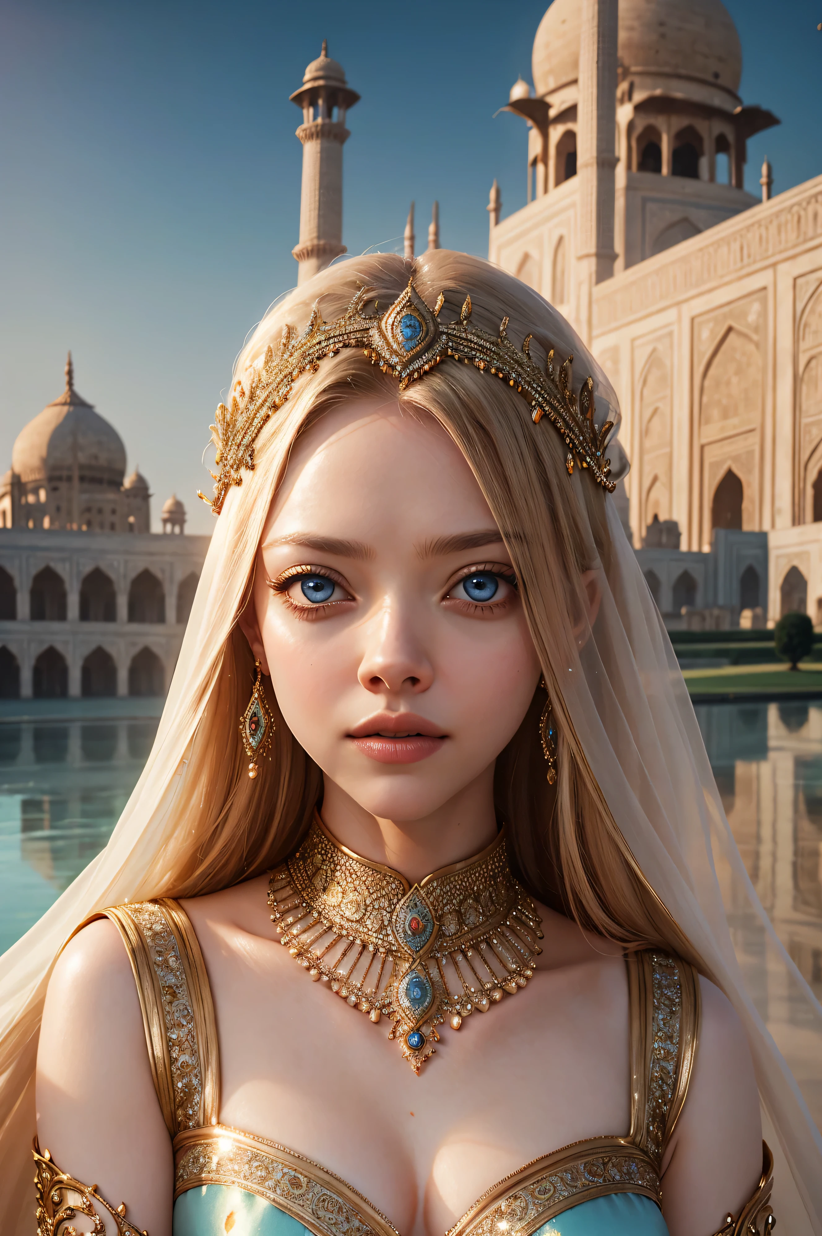 Amanda Seyfried, wearing Bollywood costume transparent. professionally retouched, soft lighting, realistic, smooth face, perfect eyes, sharp focus on eyes, 8 k, high definition, insanely detailed, intricate, elegant. with the Taj Mahal in the background.