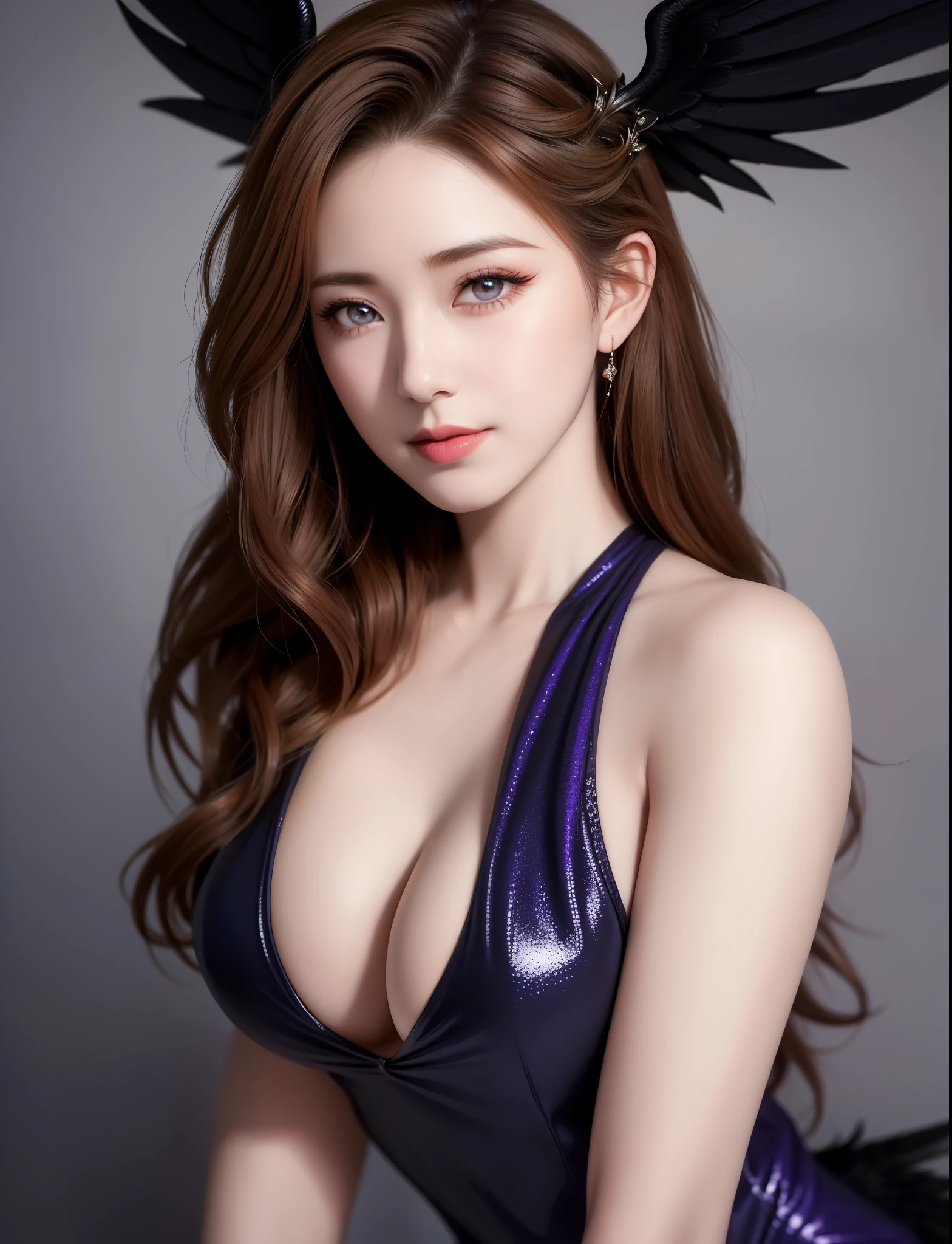 a close up of a woman in a purple dress with wings, full body xianxia, diablo 4 lilith, aion, beautiful elegant demon queen, female lord of change, full - body majestic angel, a beautiful fantasy empress, raven winged female vampire, diablo 4 queen, beautiful succubus, succubus in tight short dress, villainess has black angel wings, (hyperrealistic), (illustration), (high resolution), (8K), (extremely detailed), (best illustration), (beautiful detailed eyes), (best quality), (ultra-detailed), (masterpiece), (wallpaper), (photorealistic), (natural light), (detailed face), (high detailed realistic skin texture), (anatomically correct), (solo:1.51), (1girl:1.52), (high detailed realistic hair), (caramel hair:1.35), (heterochromic eyes), (detailed eyes), (beautiful eyes:1.37), (sparkling eyes), (realistic big breasts:1.53), (slim waist), (slender abs), (dynamic pose), (closed tiny mouth:1.3), (concentrated expression), (dimple:1.34)