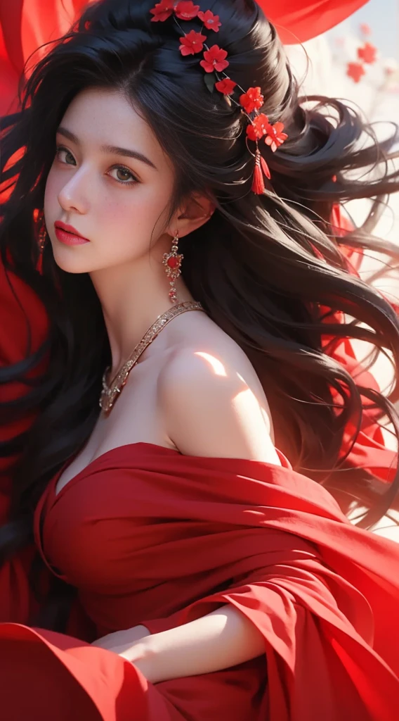 1 female, 18 years old, full body portrait, black hair, flowing hair, hazy beauty, Has extremely beautiful facial features, red dress, , , (spring,Terraces, ), Simple vector art, , soft light, layered form, look down
