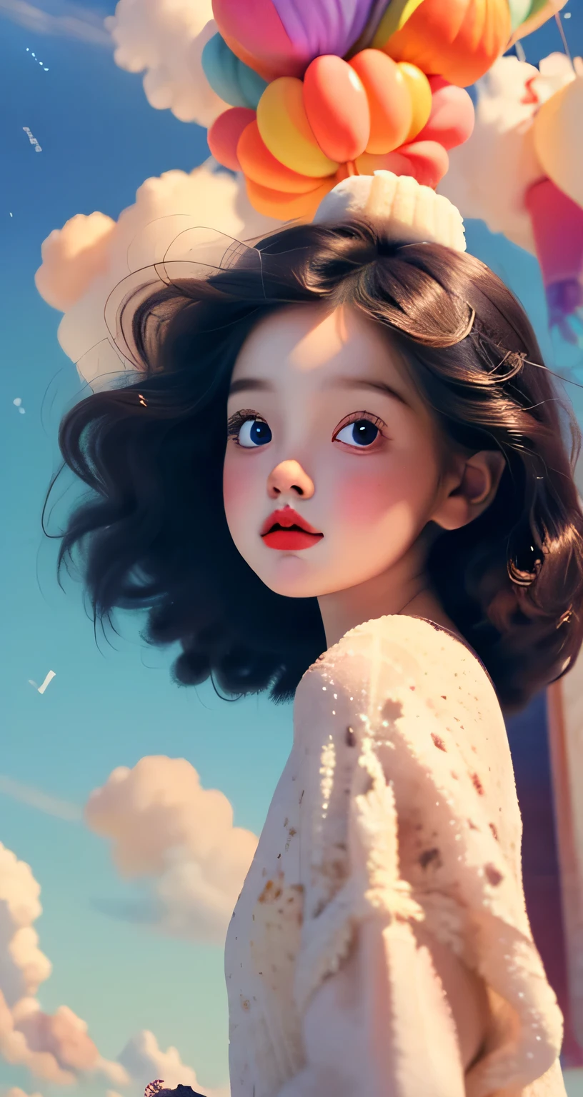 (best quality,4K,8K,High resolution,masterpiece:1.2), The girl in the cloud has hair as fluffy as clouds, tiny stars, fantasy illustration, dream color, children&#39;illustration style.bright colors