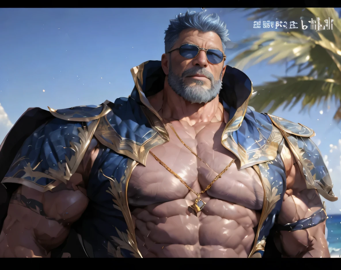 A big one, muscular old man，Fifty-five years old，royal blue tights，gold trim，He exposed his muscular chest，He showed off his great pecs，Energetic，Behind him is the sea