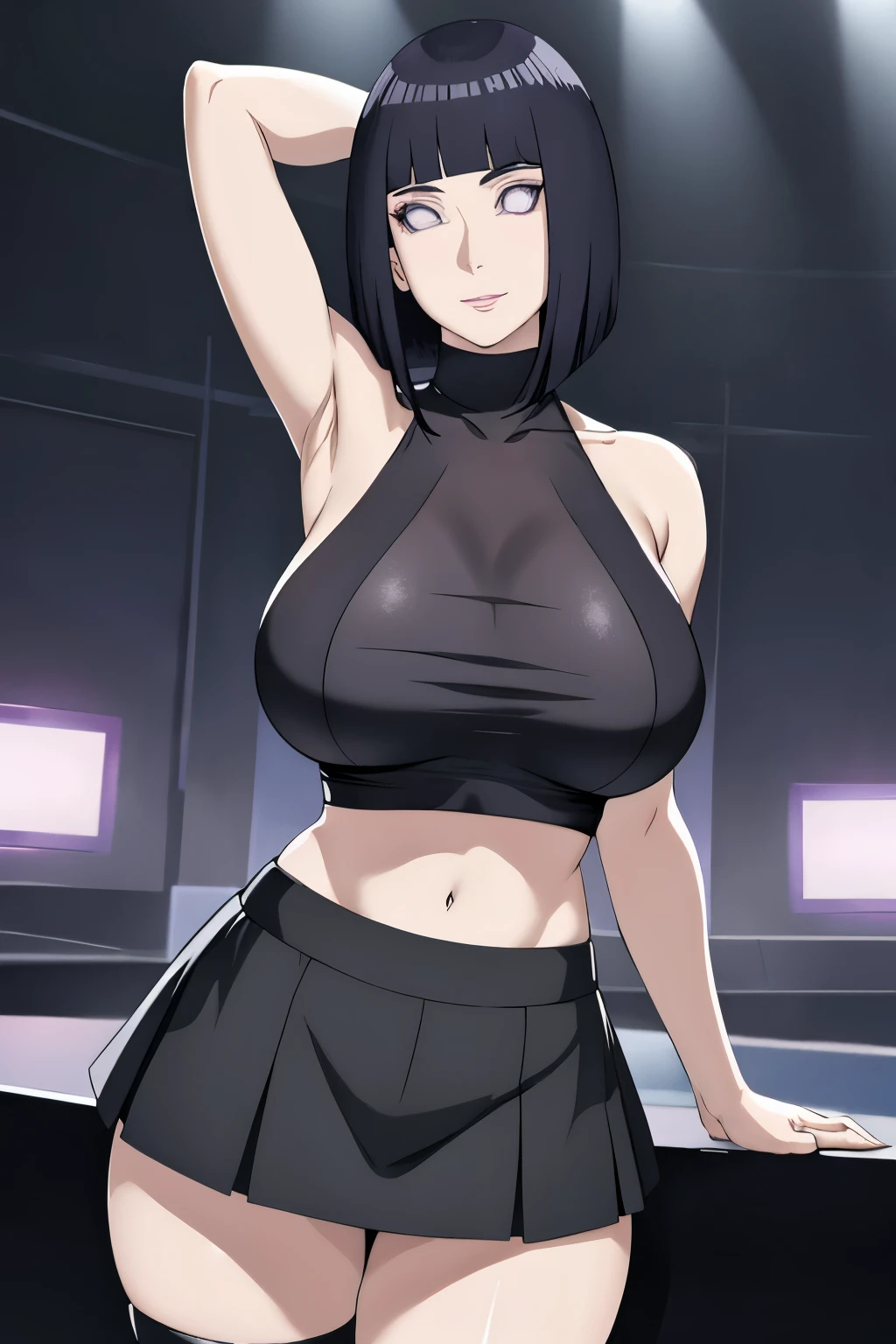 masterpiece, absurdres, hinata\(boruto\), 1girl, solo,mature female, black mini skirt, perfect composition, detailed lips, gigantic breast, beautiful face, body propotion, short hair,  purple eyes,  soft gaze,  super realistic, detailed, photoshoot, realistic face and body, underboob, turtleneck, gigantic breasts, curvy, cowboy shot, bare shoulders, black crop top, seductive smile, inside, nightclub