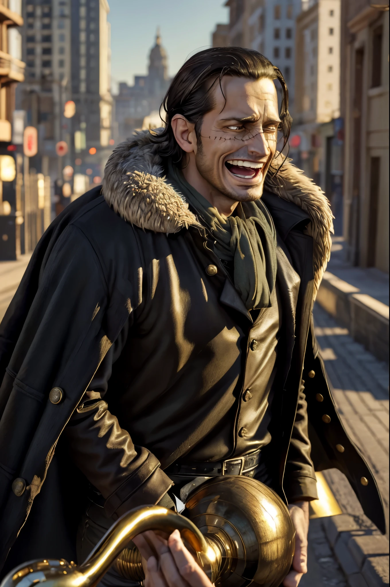 masterpiece, best quality, extremely detailed, hyperrealistic, photorealistic, a cool 40s man, ultra detailed face:1.1, fur-trimmed coat, scarf around the neck, his left hand is a golden pirate hook:1.1, laughing, city:1.1
