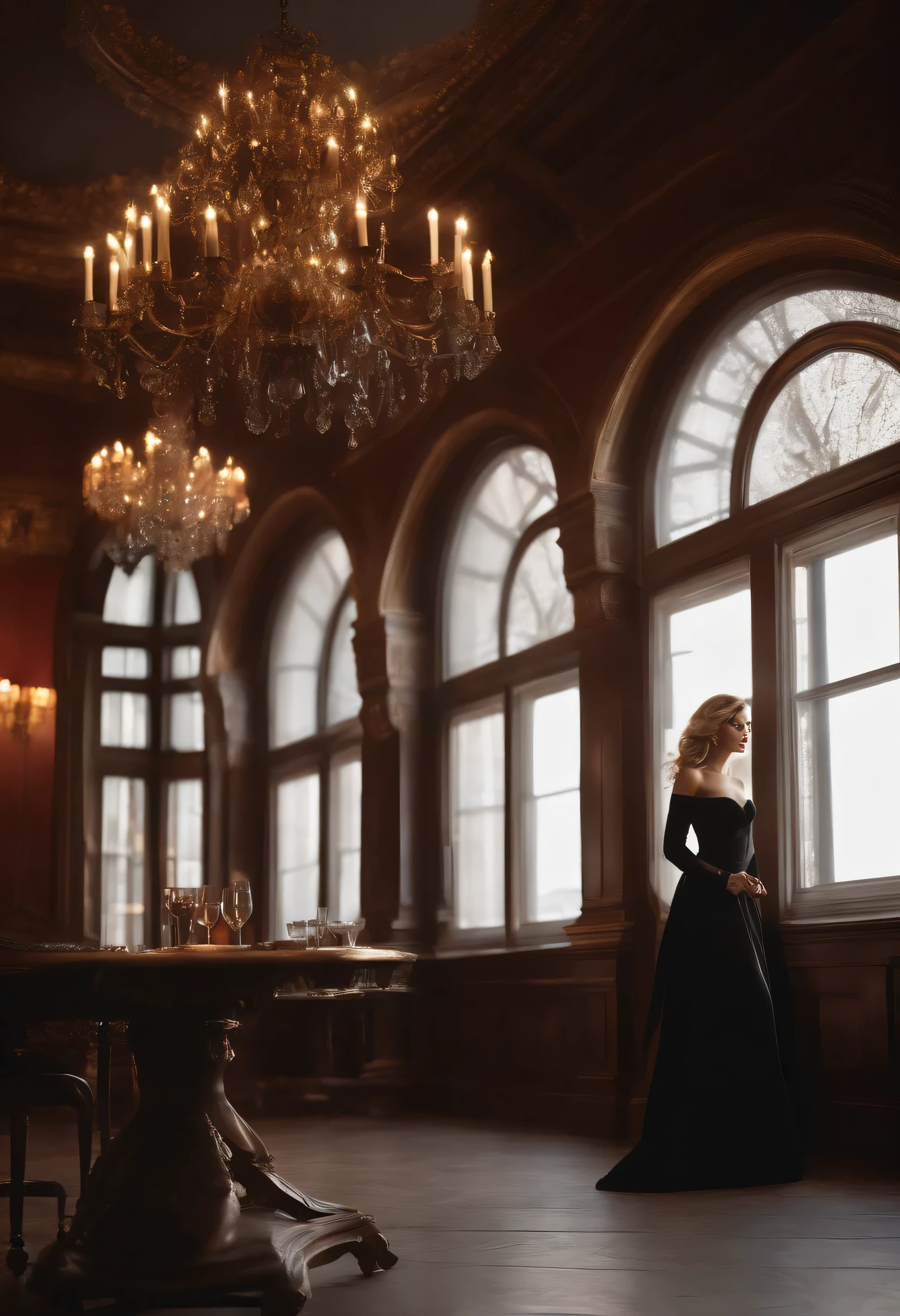 full body shot, side view, hyper-photorealistic, 3-D, magazine cover, classically beautiful 35-year-old heiress with haughty stare, with a long sleeve black dinner gown, very healthy, woman, long curly dirty blonde, bright red lipstick, deep brown eyes, cinematic long shadows, Iridescent, hyper luminescence, realistic light, 4k
