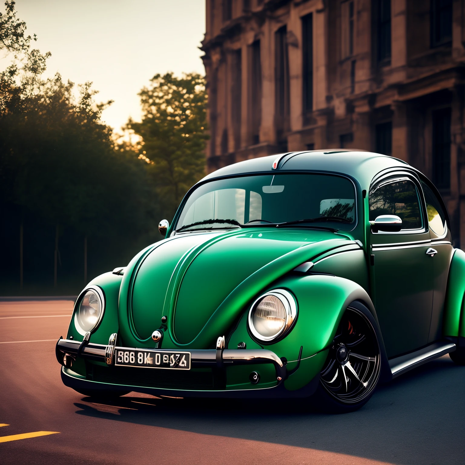 Make a low-slung, vibrant green Beetle bolt in an intricately detailed, 8k image. The car's body hugs the ground, sporting a sleek, modified look. The engine roars to life as the headlights cut through the twilight, reflecting off puddles on the asphalt. Shарe this dynamic, side-angled shot, rich with reflections from the car's glossy paint job, with a lens flare effect (0.7). The Beetle's menacing stance is accentuated by its powerful, custom exhaust pipes and matte black rims. This scenic, cinematic image is the perfect fusion