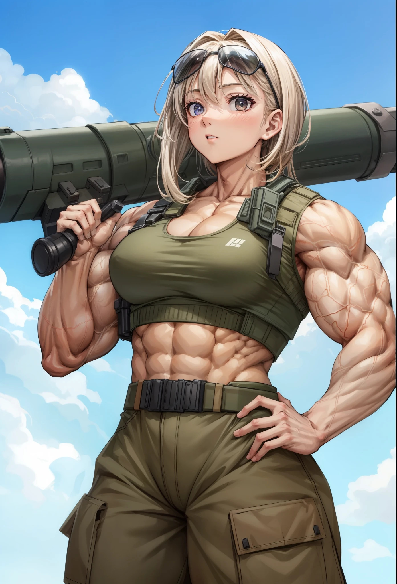 , best quality,1 girl, female,,beautiful,muscular ,,military,muscular shoulder,,,muscular female, alternate muscle size,rocket launcher