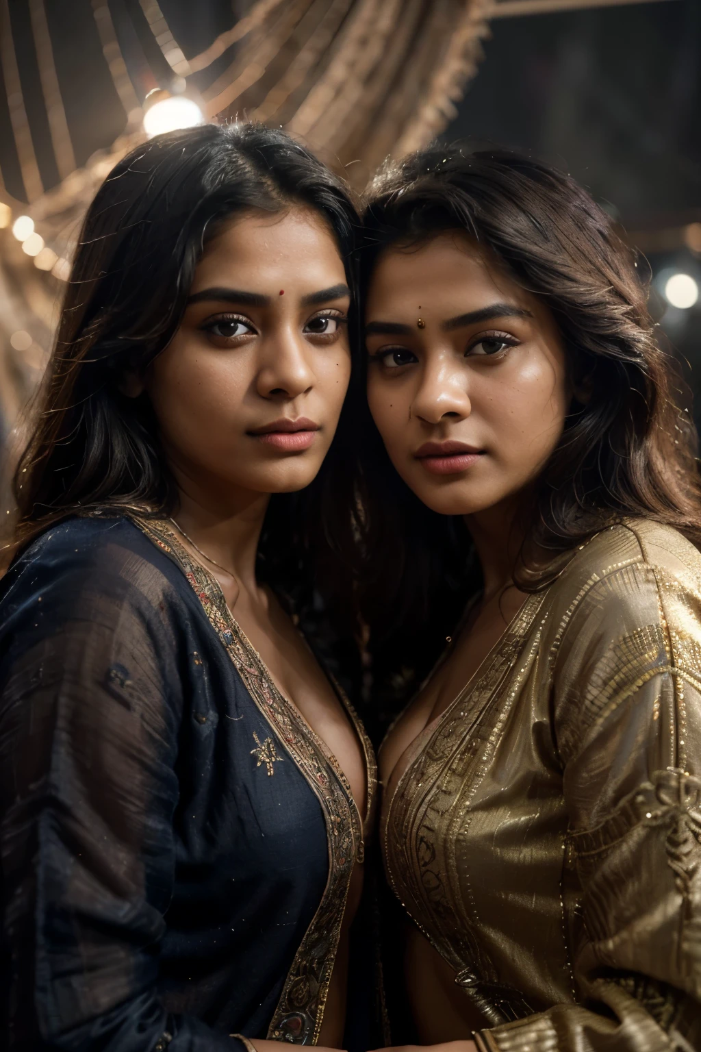 (Editorial photograph of the Indian actress Nia Sharma and Avneet Kaur, both radiating energy and vibrancy,
Wearing worn-out clothes with intricate details, enhancing their unique charm: 1.3,
Natural big lips and highly detailed faces, capturing every essence of their beauty: 1.4,
Set against a background inside a dark, moody, and private study, illuminated by studio lights: 1.3,
Shot in 8K UHD, with the highest DSLR quality and cinematic lighting, creating mesmerizing bokeh: 1.3,
An award-winning and incredible masterpiece, skillfully