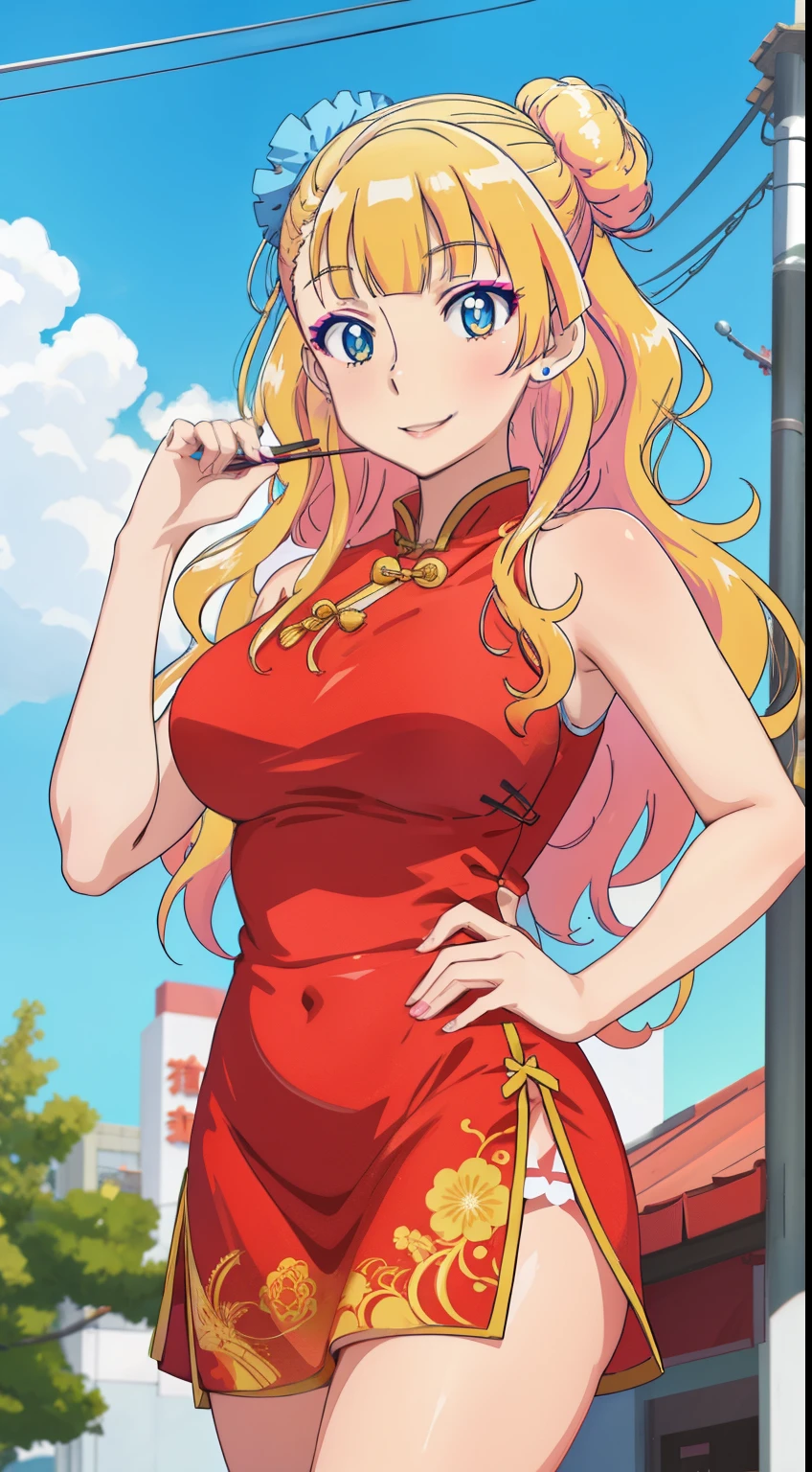 1 girl, galko,Galko,big breasts,smile,makeup,red cheongsam dress,Both shoulders_exposed,mini skirt,earrings,natural lip,skin luster,looking at the viewer, in the center of the image,cowboy shot,１with people,
highest quality, High resolution, beautiful eyes, highly detailed face, Detailed CG, Chinese restaurant,