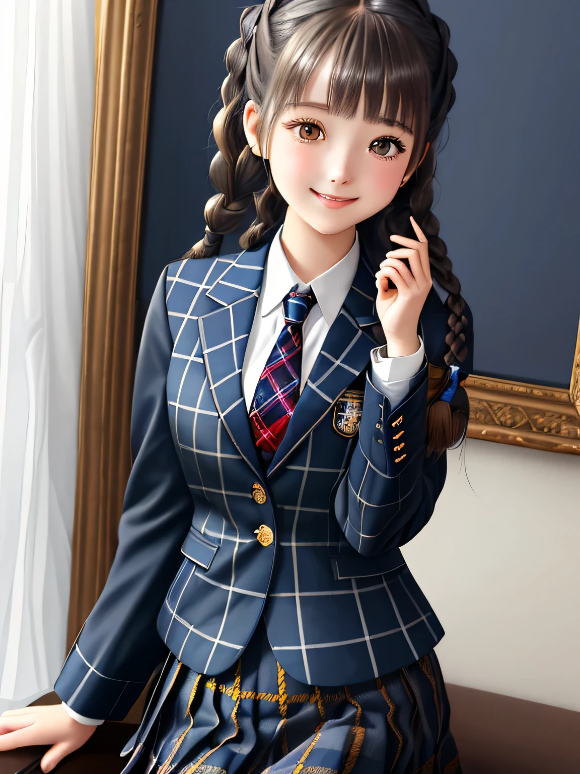 (18 year old japanese girl), height: 165cm, Very beautiful portrait, realistic cute girl drawing, amazing digital paintings, elegant digital paintings, baroque digital painting, detailed beautiful portrait, ((brown eyes)), ((((Dark blue and navy plaid mid-length pleated tartan check skirt)))),((((dark blue school blazer with emblem)))), (((twin braid hairstyle))), ((only looking at the viewer)), ((Transparent pure white skin)), ((very white skin)), ((small face)), ((Her curly bangs are so cute)), ((long eyelashes)), (((close your eyes and smile))), ((put your hand on your chest)), ((The corners of the eyes are drooping)), ((thin downward eyebrows))