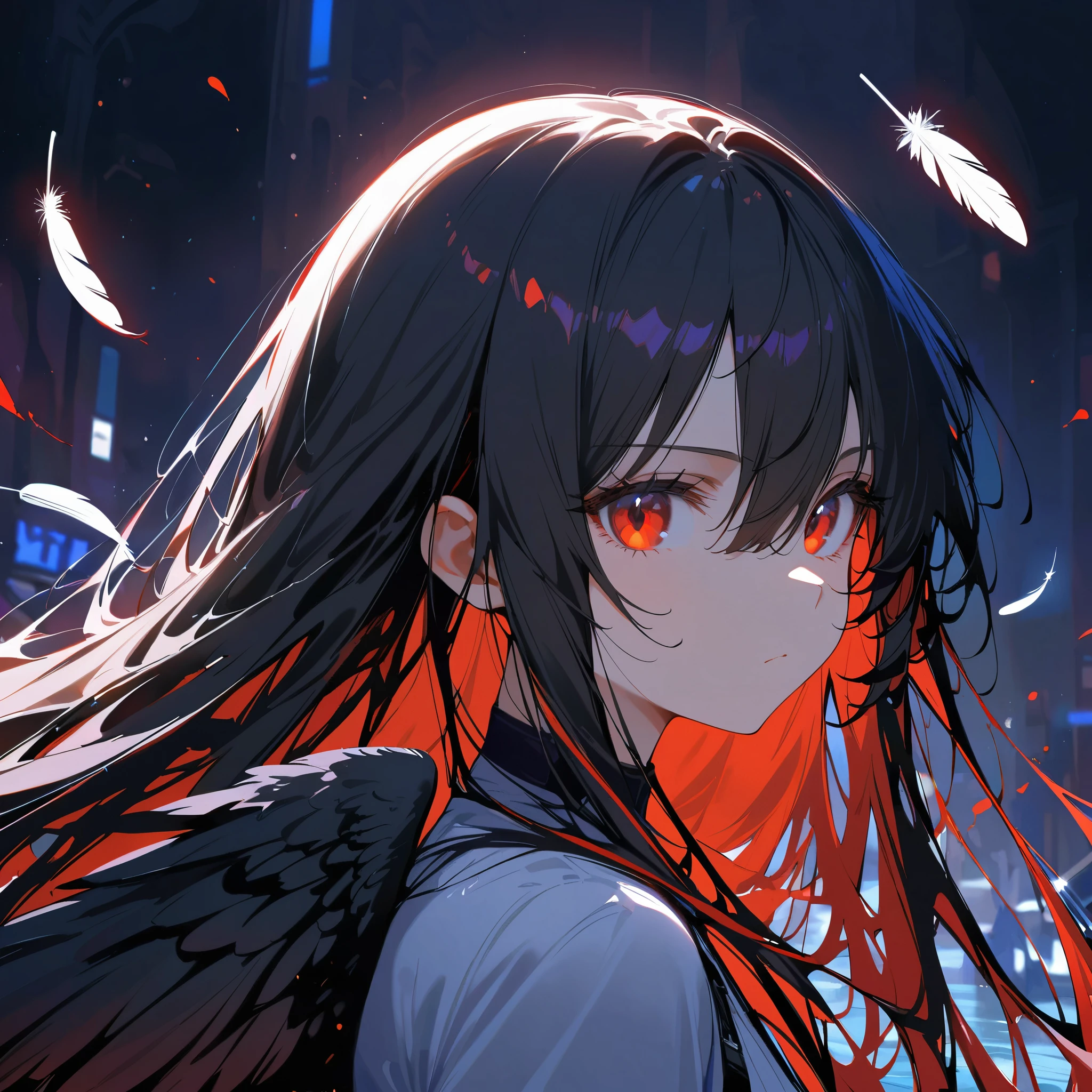 (masterpiece, best quality, ultra-detailed, highres), ((solo)),(sidelighting, lustrous skin), (bloom), (shine), lighting, strong rim light,1girl, solo, black hair, black wings, wings, looking at viewer, long hair, bangs, feathers, hair between eyes, red eyes, feathered wings, closed mouth, upper body, black feathers,tyndall effect,((flowing)),{{ink splashing}},{{color splashing}},{{{colorful}}}

