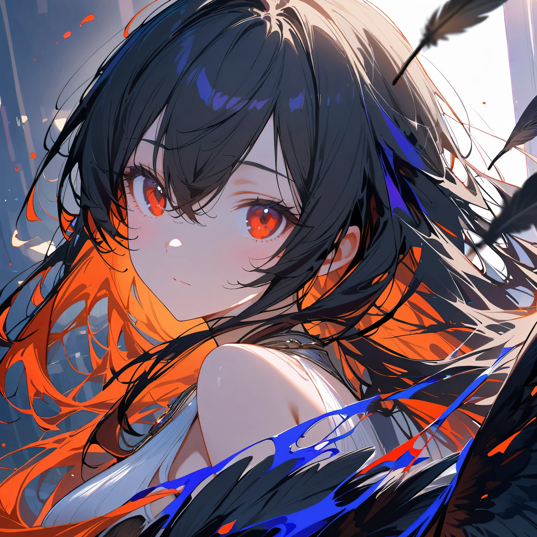 (masterpiece, best quality, ultra-detailed, highres), ((solo)),(sidelighting, lustrous skin), (bloom), (shine), lighting, strong rim light,1girl, solo, black hair, black wings, wings, looking at viewer, long hair, bangs, feathers, hair between eyes, red eyes, feathered wings, closed mouth, upper body, black feathers,tyndall effect,((flowing)),{{ink splashing}},{{color splashing}},{{{colorful}}}