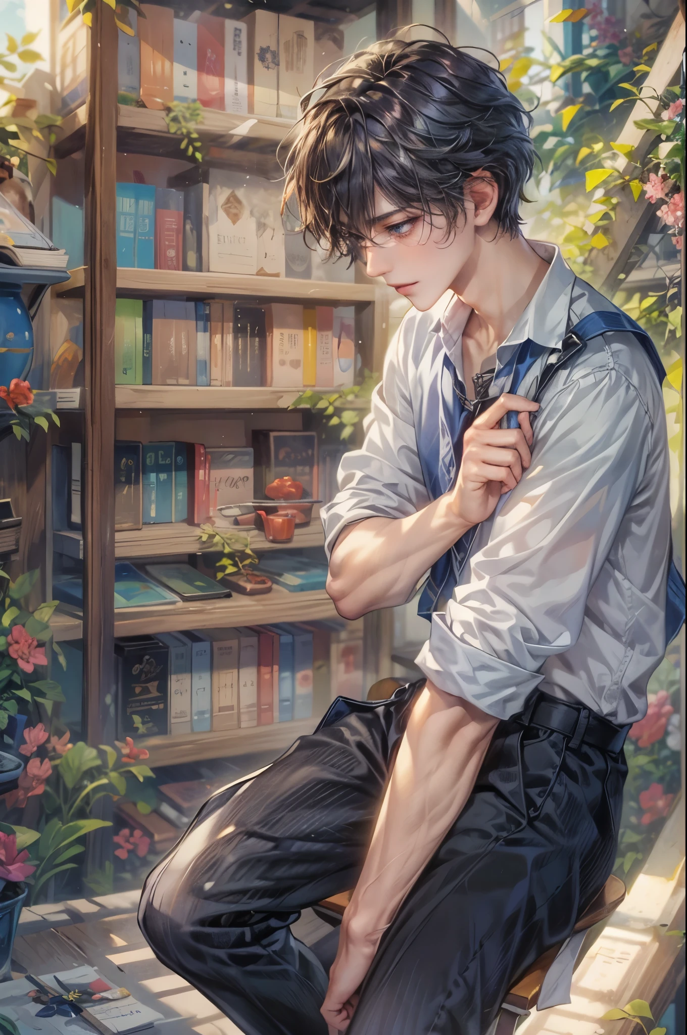 ((Best quality)), ((masterpiece)), (detailed), ((perfect face)), ((halfbody)) Paint a captivating scene featuring a boy male character from honkai star rail with a focus on his emotional connection and the harmonious blend of their unique talents. background is a detailed small town and a gnostic cobblestone path through a bookshelf maze