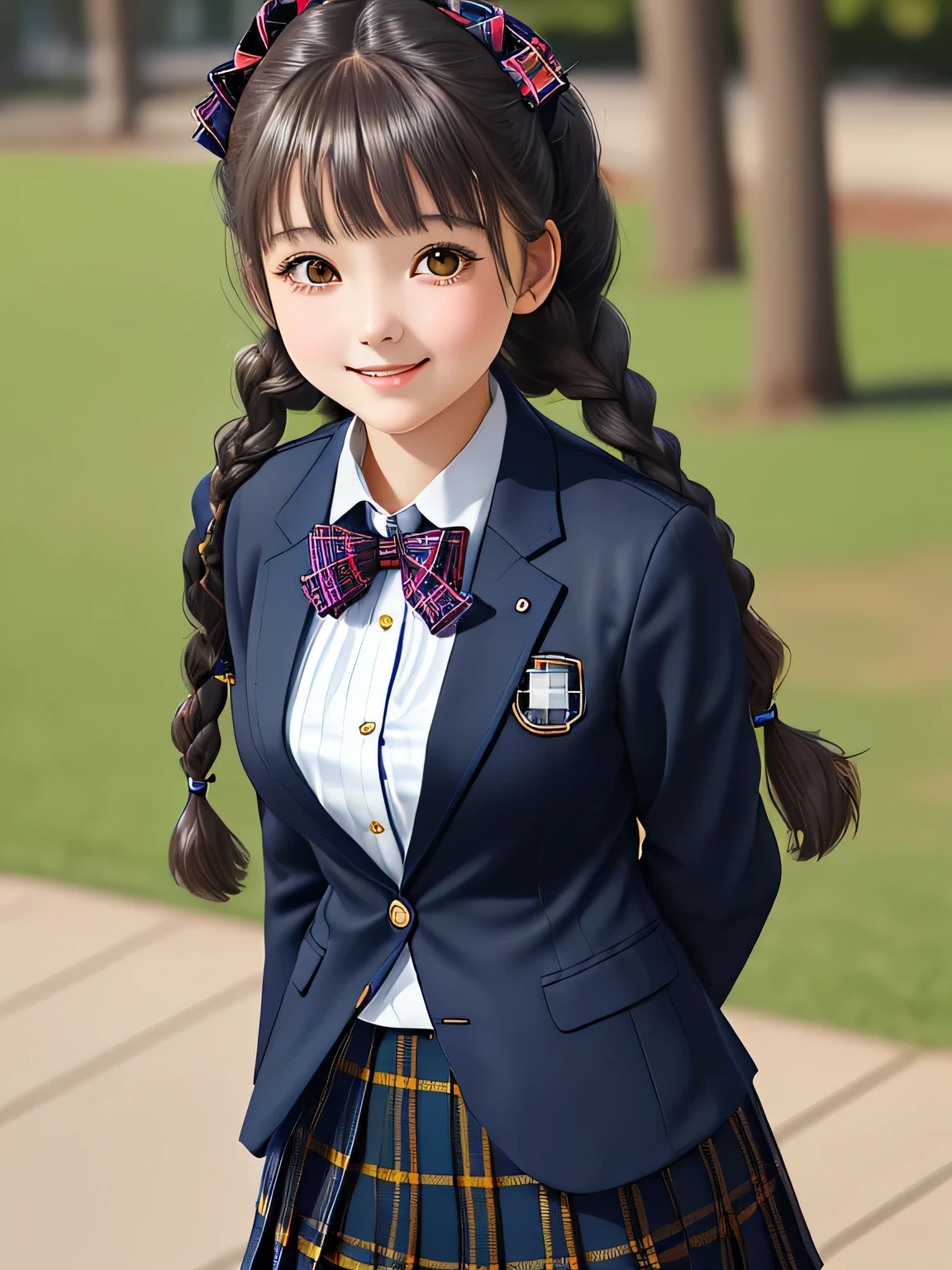 (18 year old japanese girl), height: 165cm, Very beautiful portrait, realistic cute girl drawing, amazing digital paintings, elegant digital paintings, baroque digital painting, detailed beautiful portrait, ((brown eyes)), ((((Dark blue and navy plaid mid-length pleated tartan check skirt)))),((((dark blue school blazer with emblem)))), (((twin braid hairstyle))), ((only looking at the viewer)), ((Transparent pure white skin)), ((very white skin)), ((small face)), ((Her curly bangs are so cute)), ((long eyelashes)), (((close your eyes and smile))), ((put your hand on your chest)), ((The corners of the eyes are drooping)), ((thin downward eyebrows))