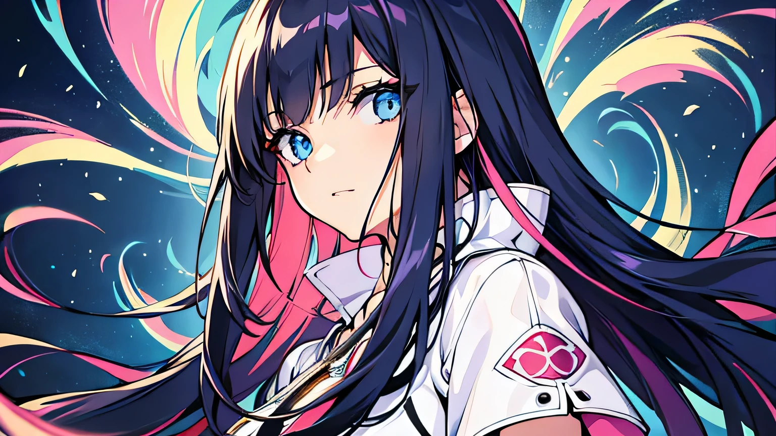 (masterpiece), (best quality), (ultra-detailed), (tousled hair), (illustration), (one girl), (fashionable clothes), standing, fashion model, looking at the viewer, (interview), (simple background), beautiful fine eyes, delicate face, floating, (high saturation), (colorful splashes), colorful bubbles, (glow), focus on face,