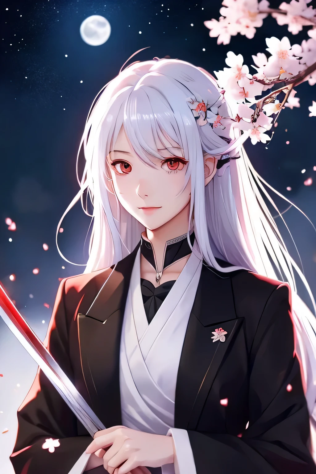 Figure wearing a suit and holding a Japanese sword１４Beautiful girl with red eyes and white hair、full moon、Cherry blossoms at night、illustration style、