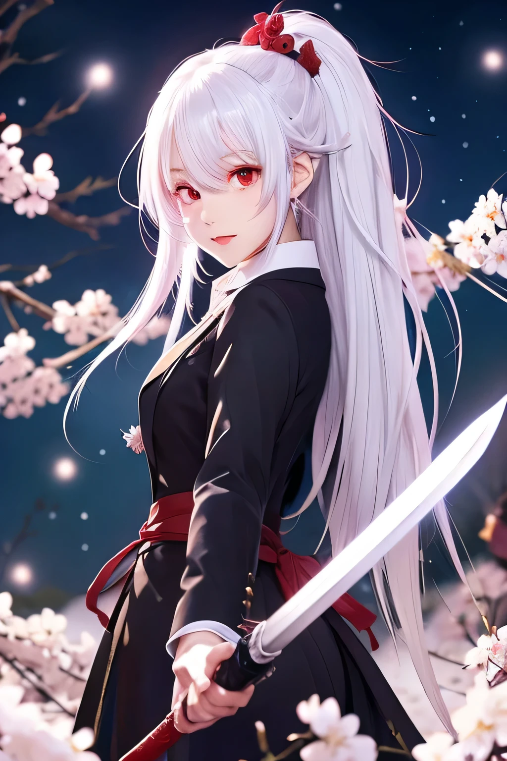 Figure wearing a suit and holding a Japanese sword１４Beautiful girl with red eyes and white hair、full moon、Cherry blossoms at night、illustration style、