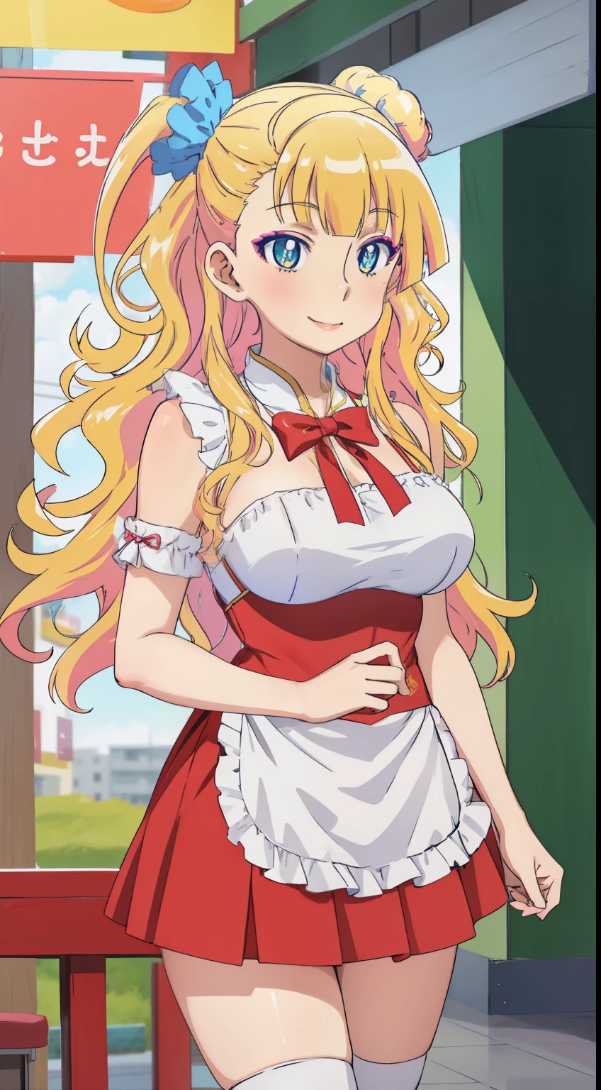 1 girl, galko,Galko,big breasts,smile,makeup,Maid clothes,Both shoulders_exposed,clavicle,mini skirt,natural lip,skin luster,looking at the viewer, in the center of the image,cowboy shot,１with people,
highest quality, High resolution, beautiful eyes, highly detailed face, Detailed CG, Chinese restaurant,