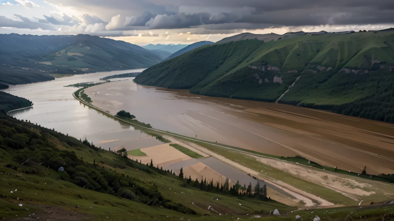 chuva forte nas montanhas com um lago, no fim da tarde, melhor qualidade, realista, 4K, muita chuva, chuva torrencial